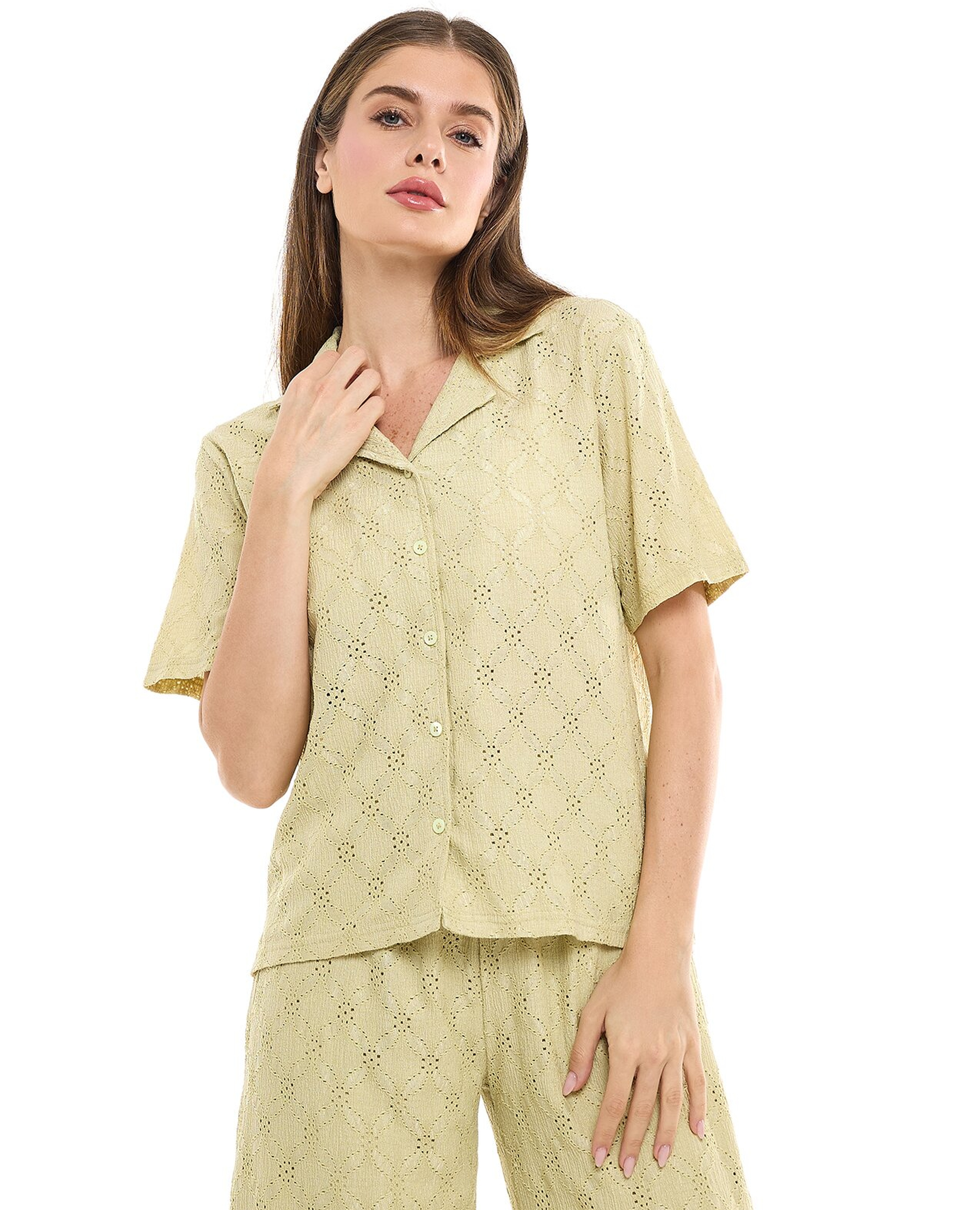 Schiffli Shirt with Revere Collar and Short Sleeves