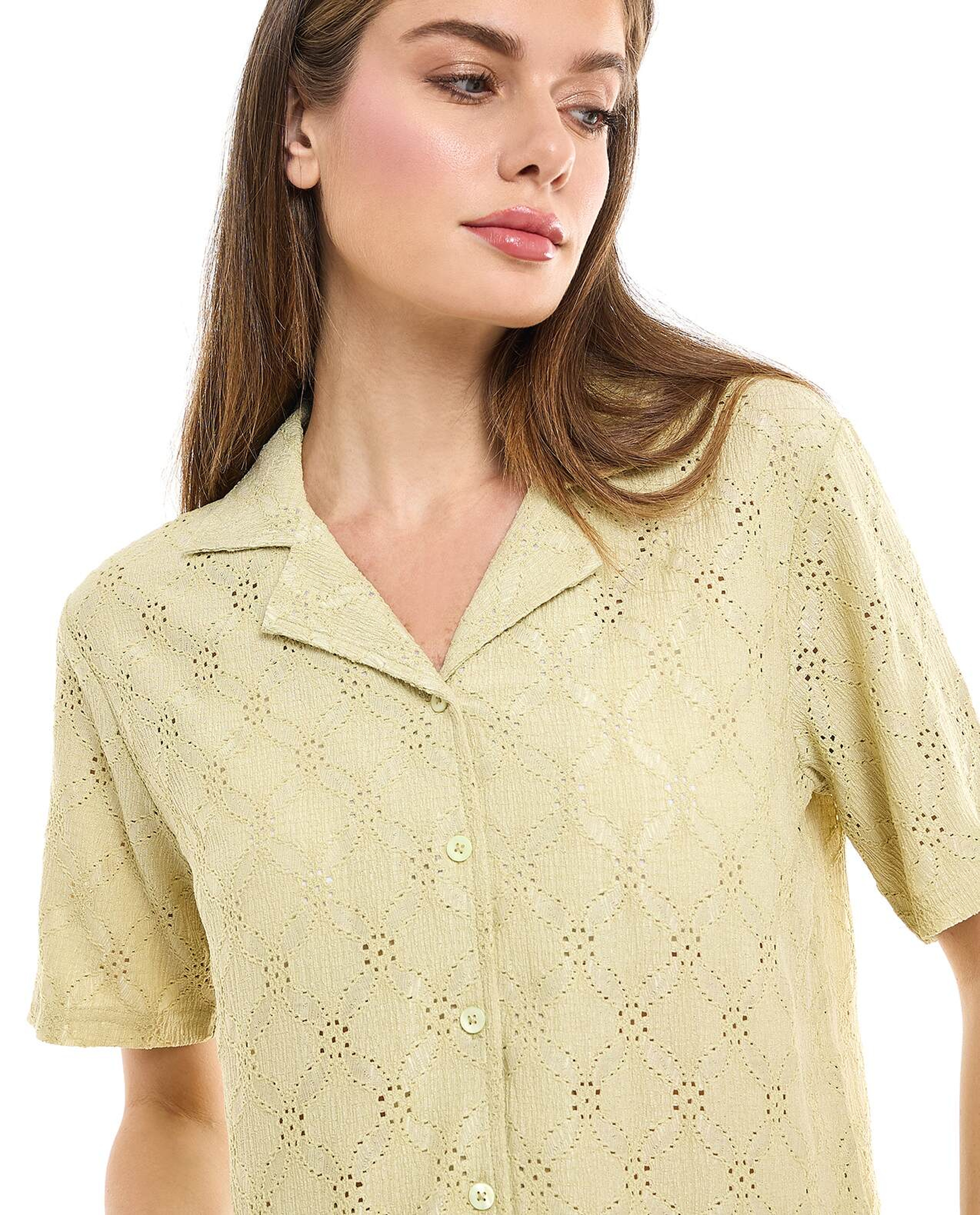Schiffli Shirt with Revere Collar and Short Sleeves