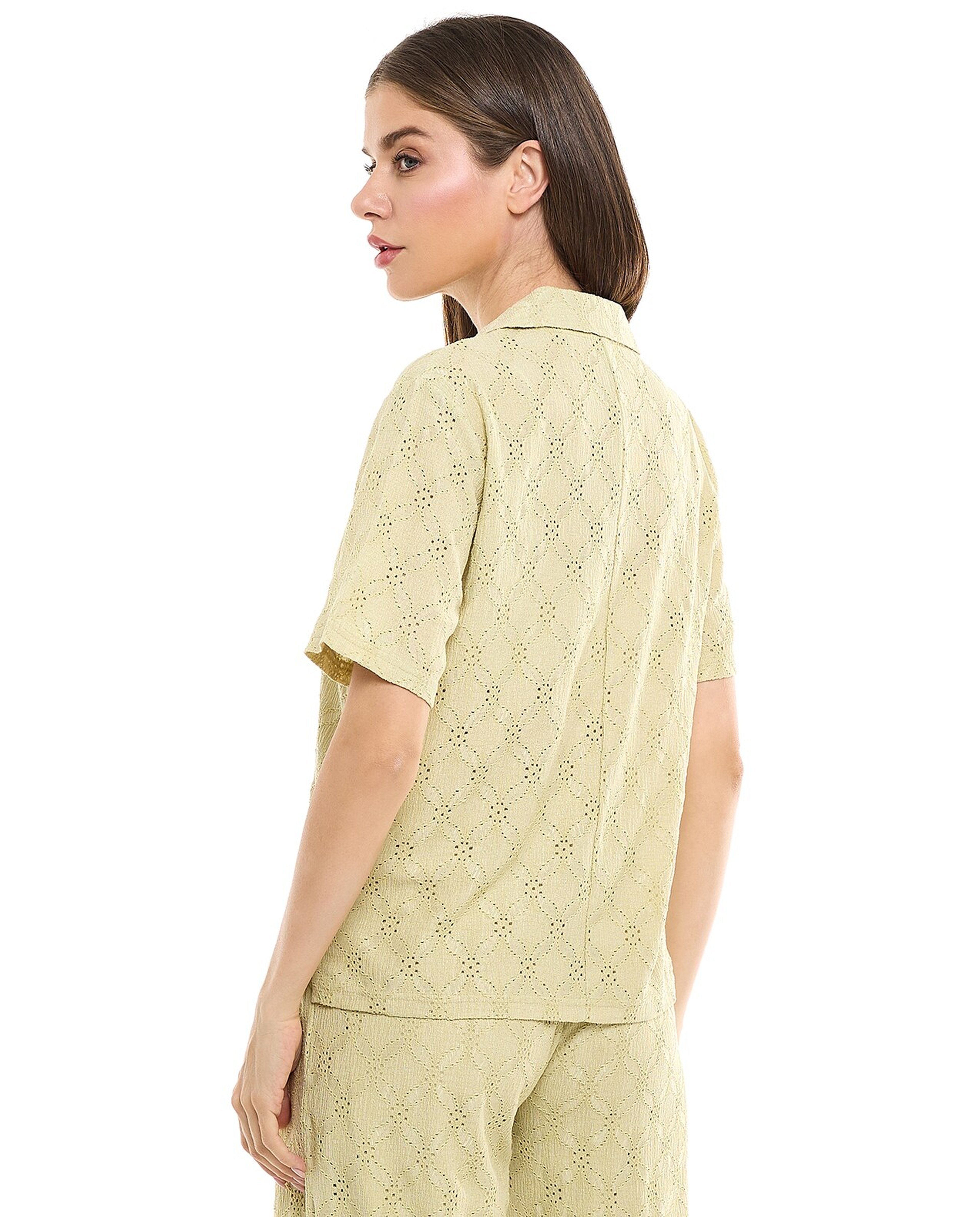 Schiffli Shirt with Revere Collar and Short Sleeves