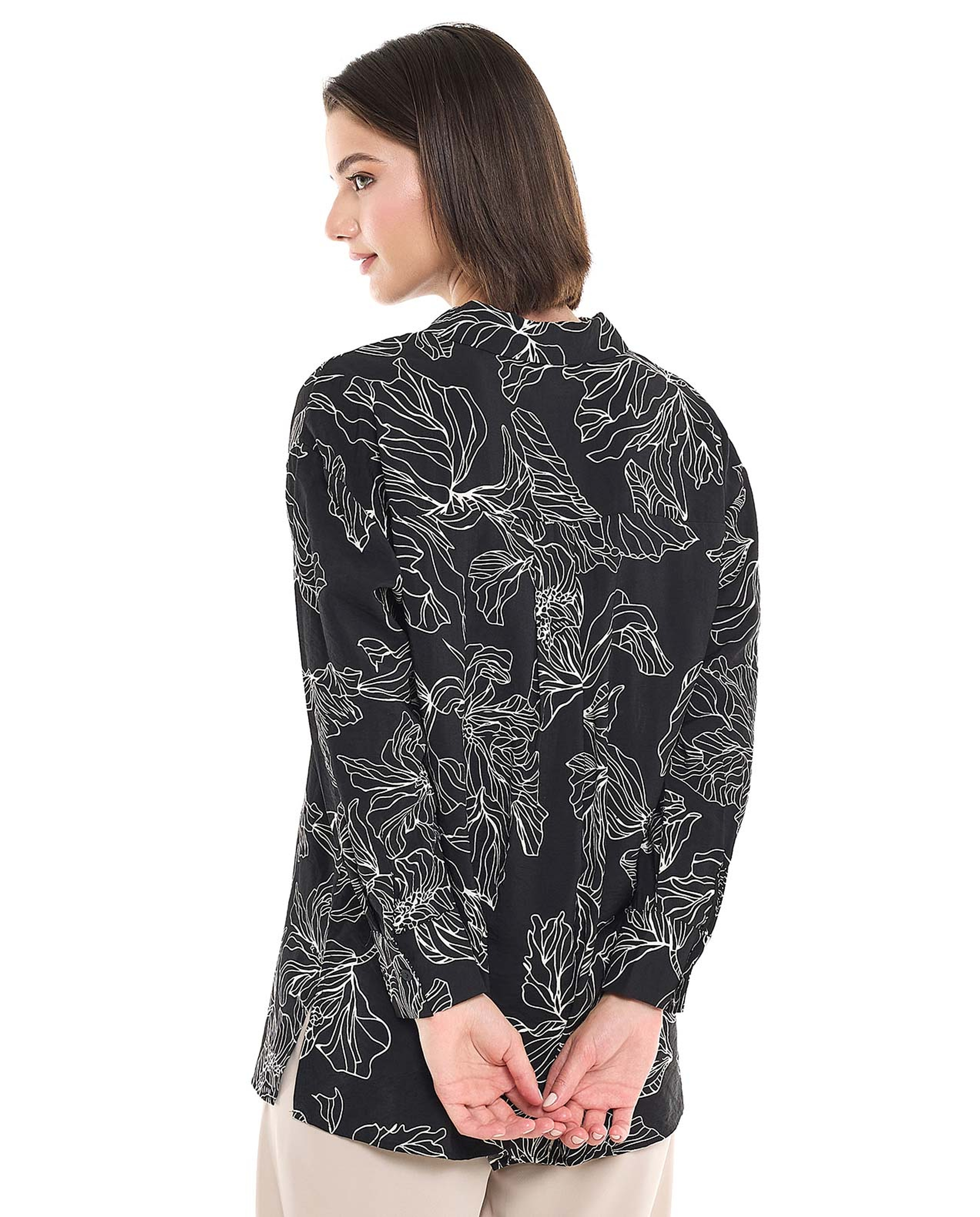 Printed Shirt Tunic with Classic Collar and Long Sleeves