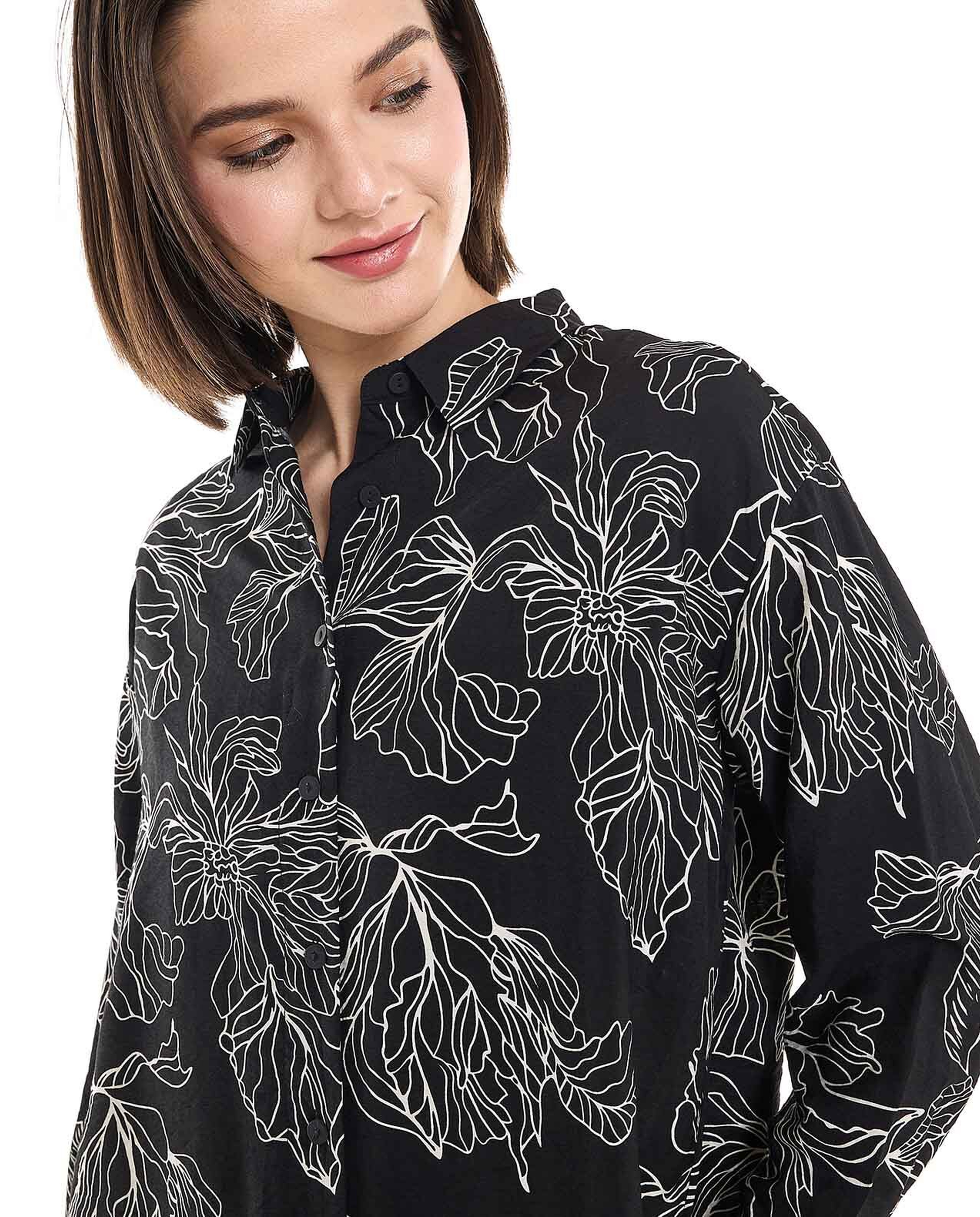Printed Shirt Tunic with Classic Collar and Long Sleeves