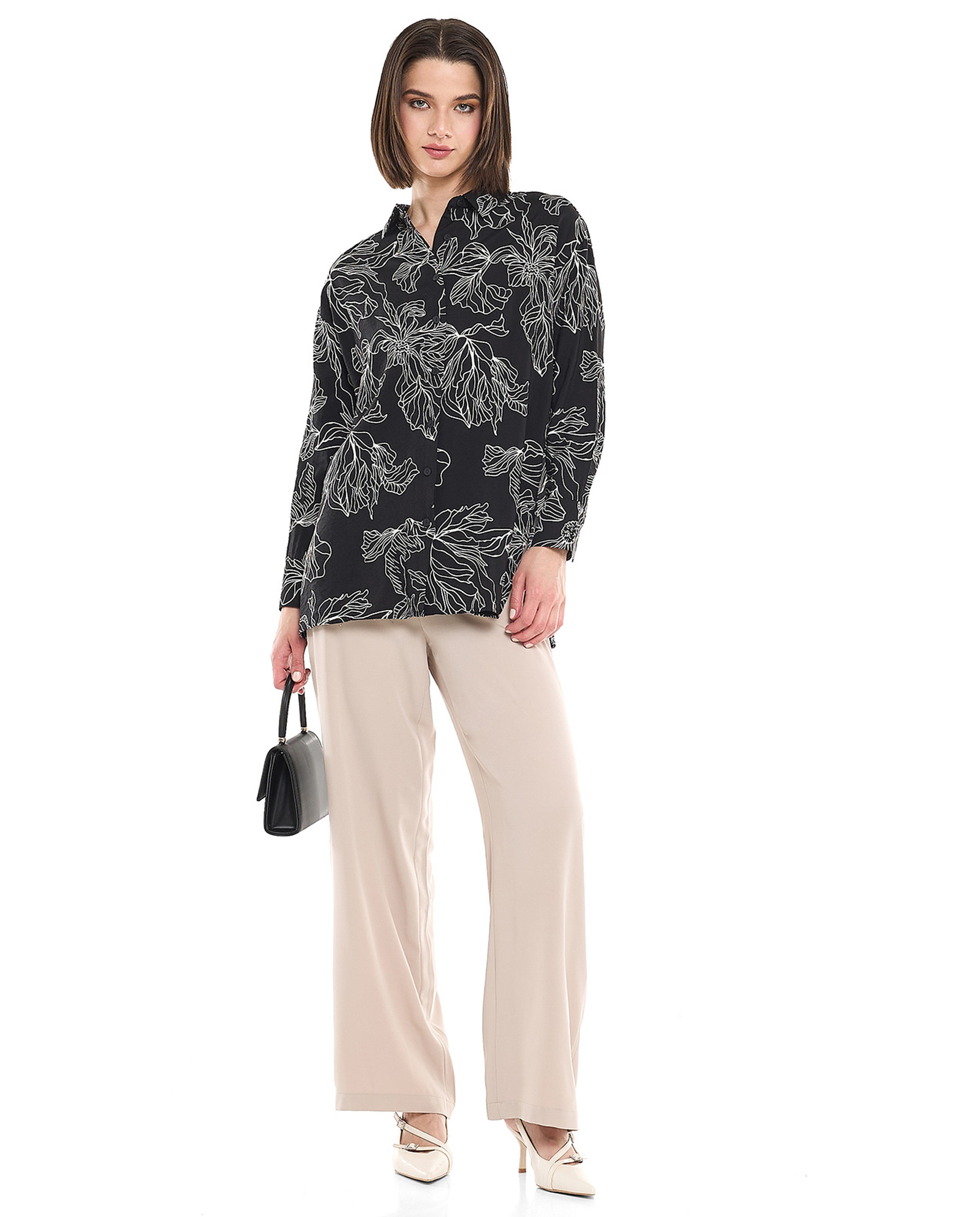 Printed Shirt Tunic with Classic Collar and Long Sleeves