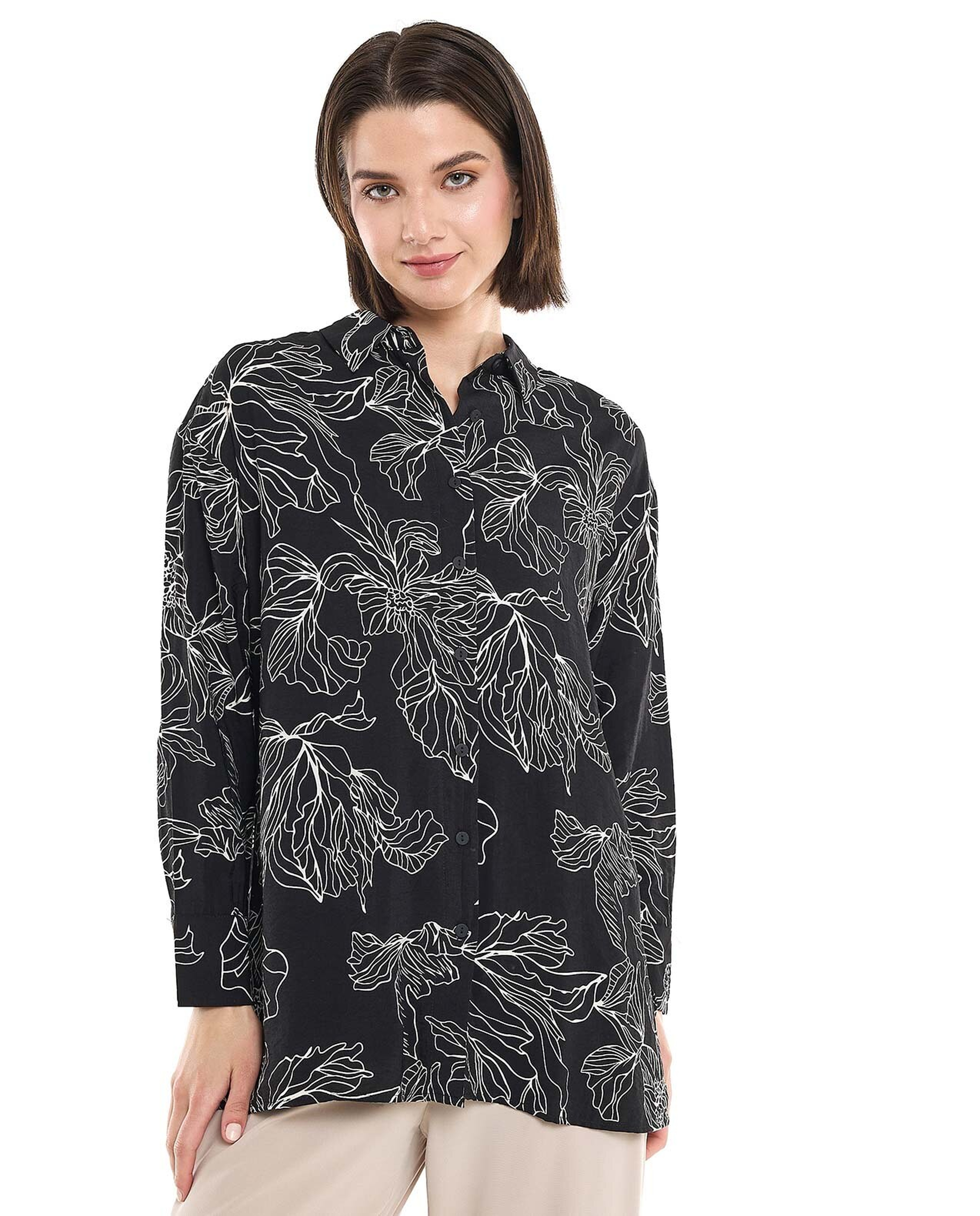 Printed Shirt Tunic with Classic Collar and Long Sleeves