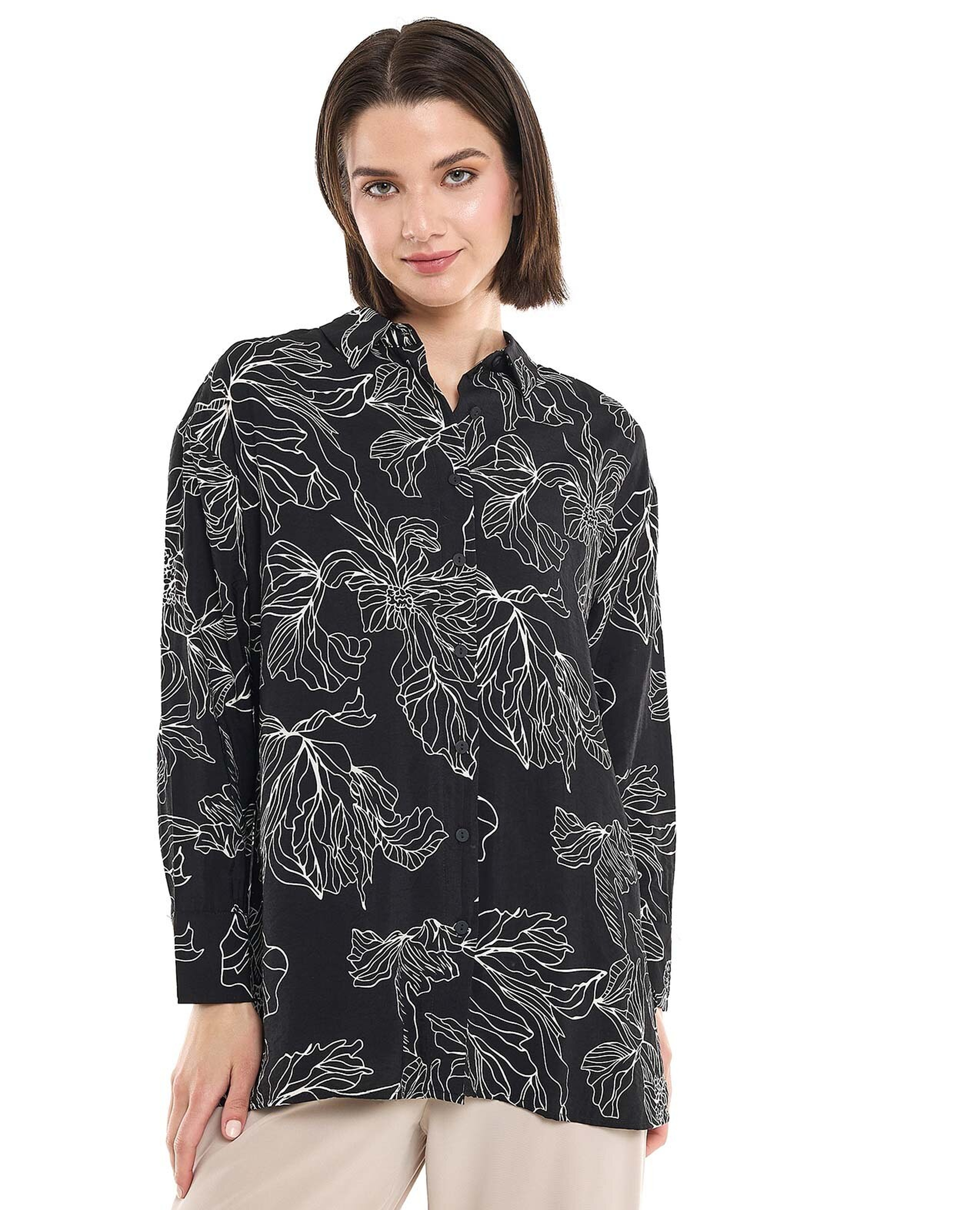 Printed Shirt Tunic with Classic Collar and Long Sleeves