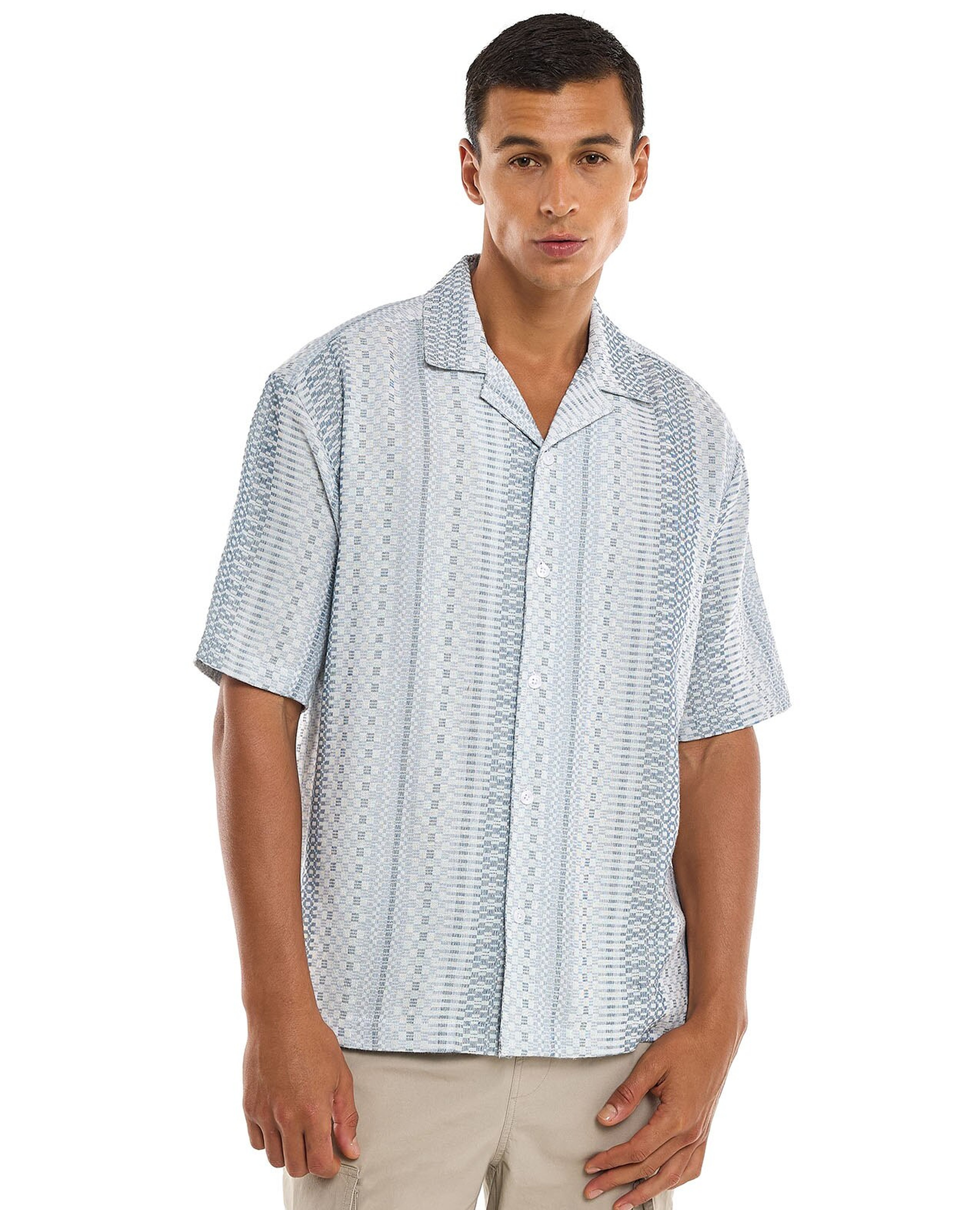 Patterned Shirt with Revere Collar and Short Sleeves