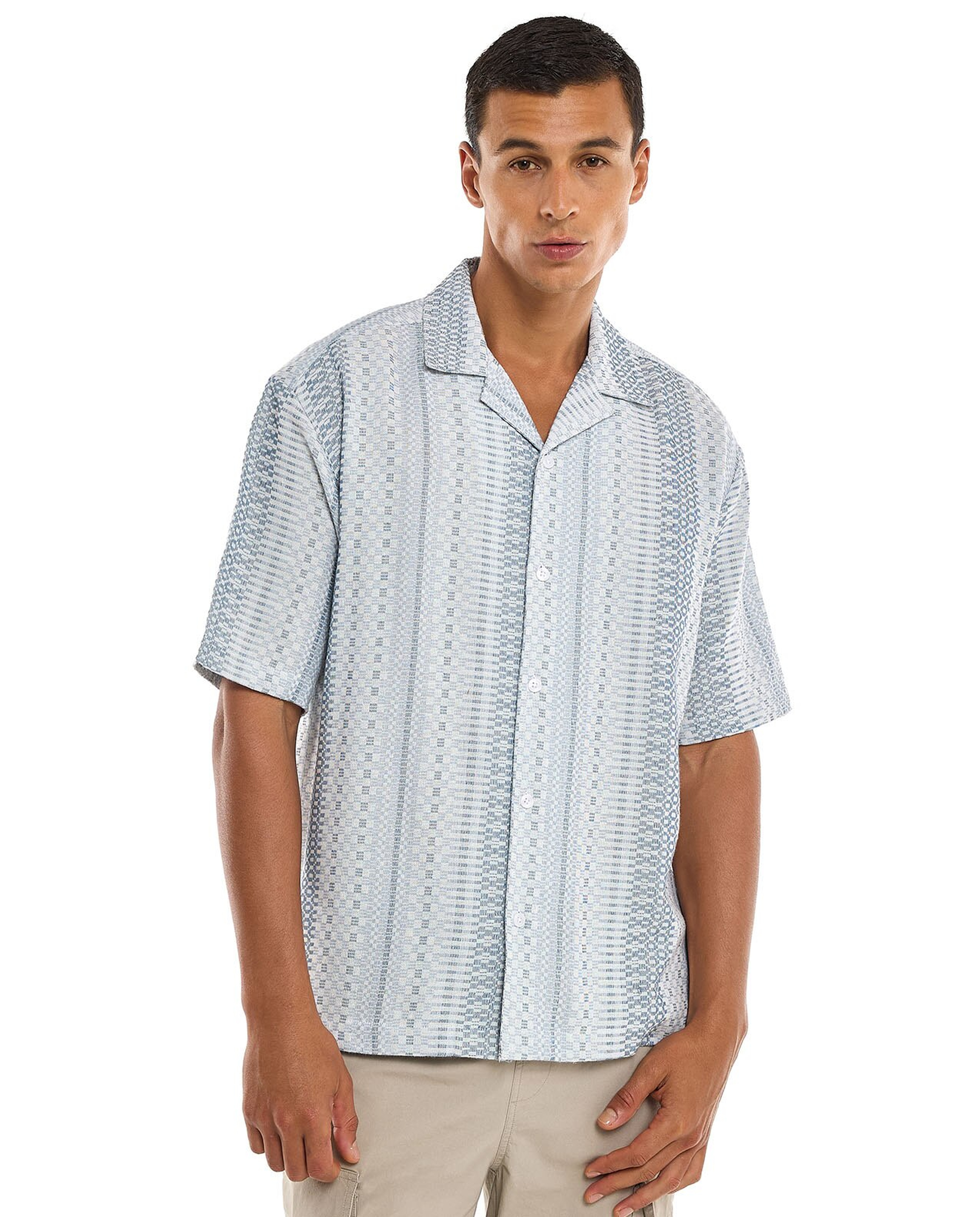Patterned Shirt with Revere Collar and Short Sleeves