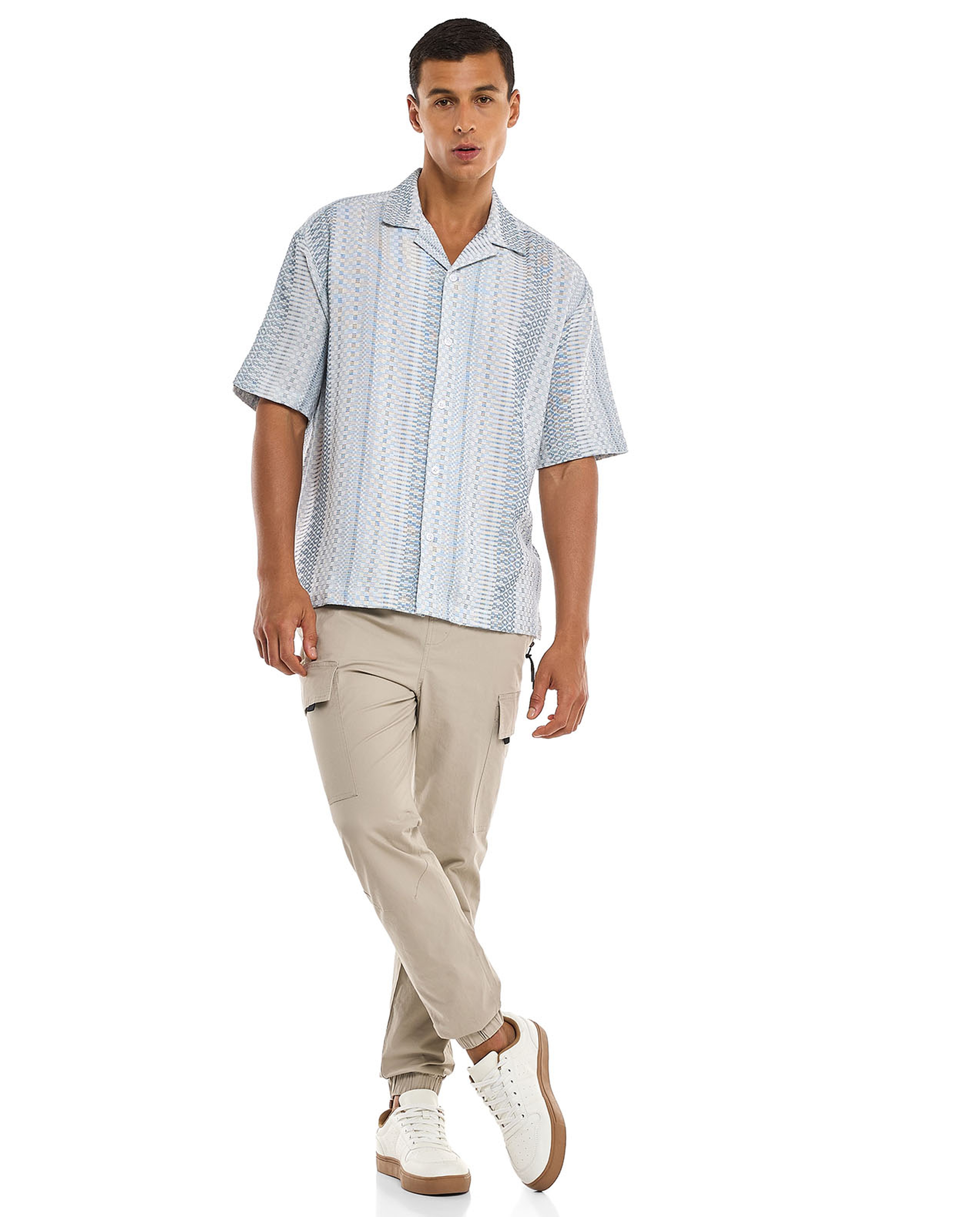 Patterned Shirt with Revere Collar and Short Sleeves