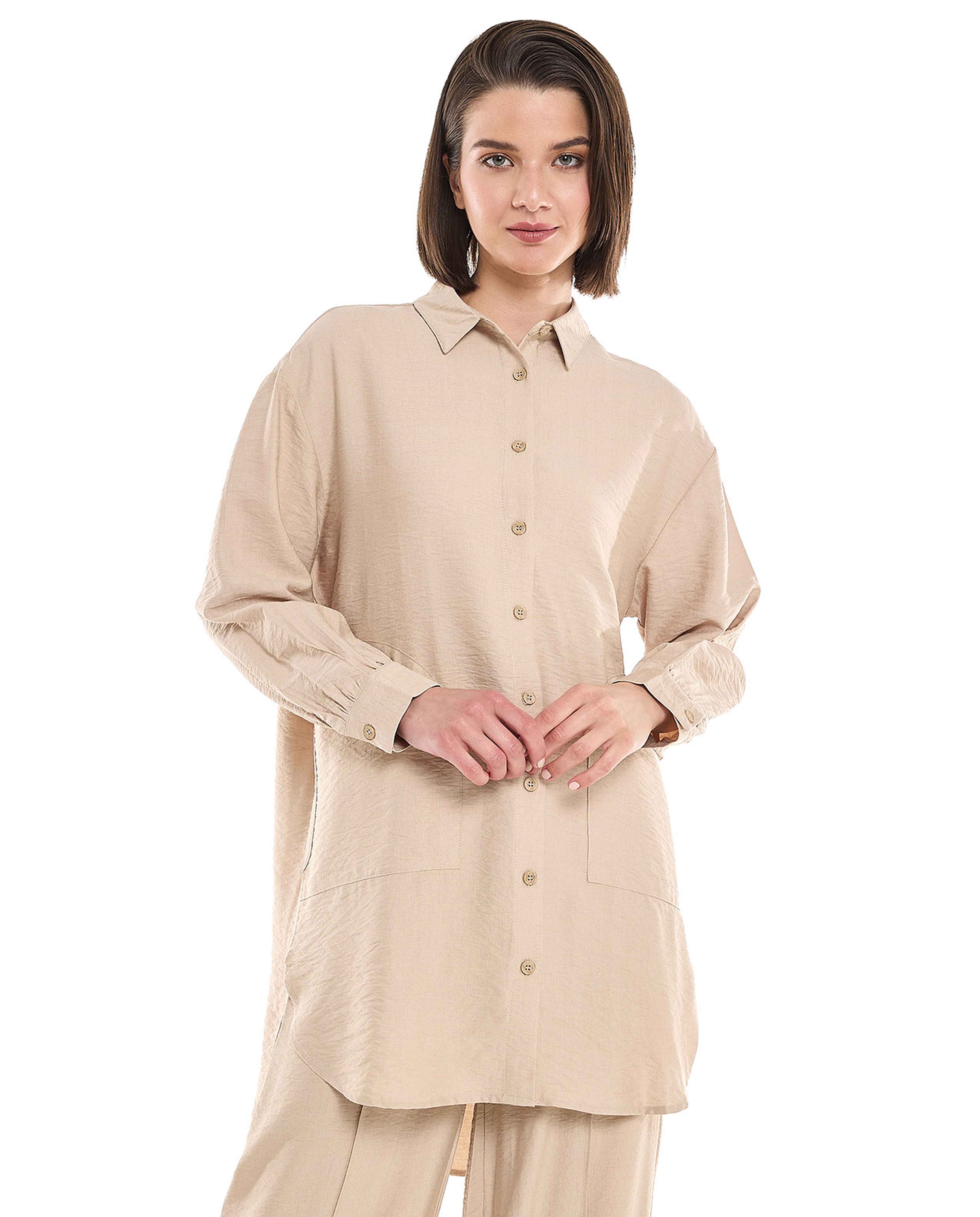 Crinkled Tunic with Classic Collar and Long Sleeves