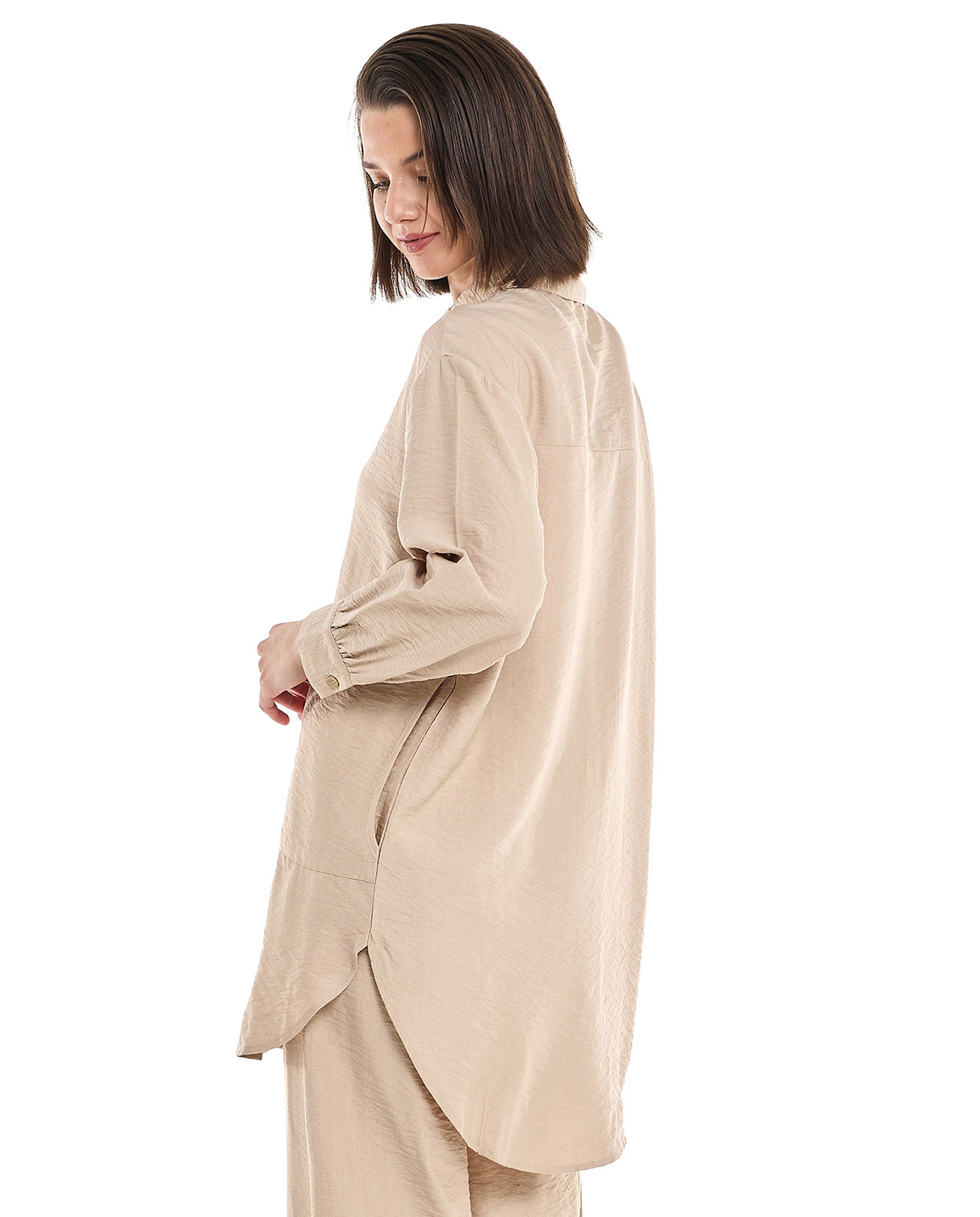 Crinkled Tunic with Classic Collar and Long Sleeves