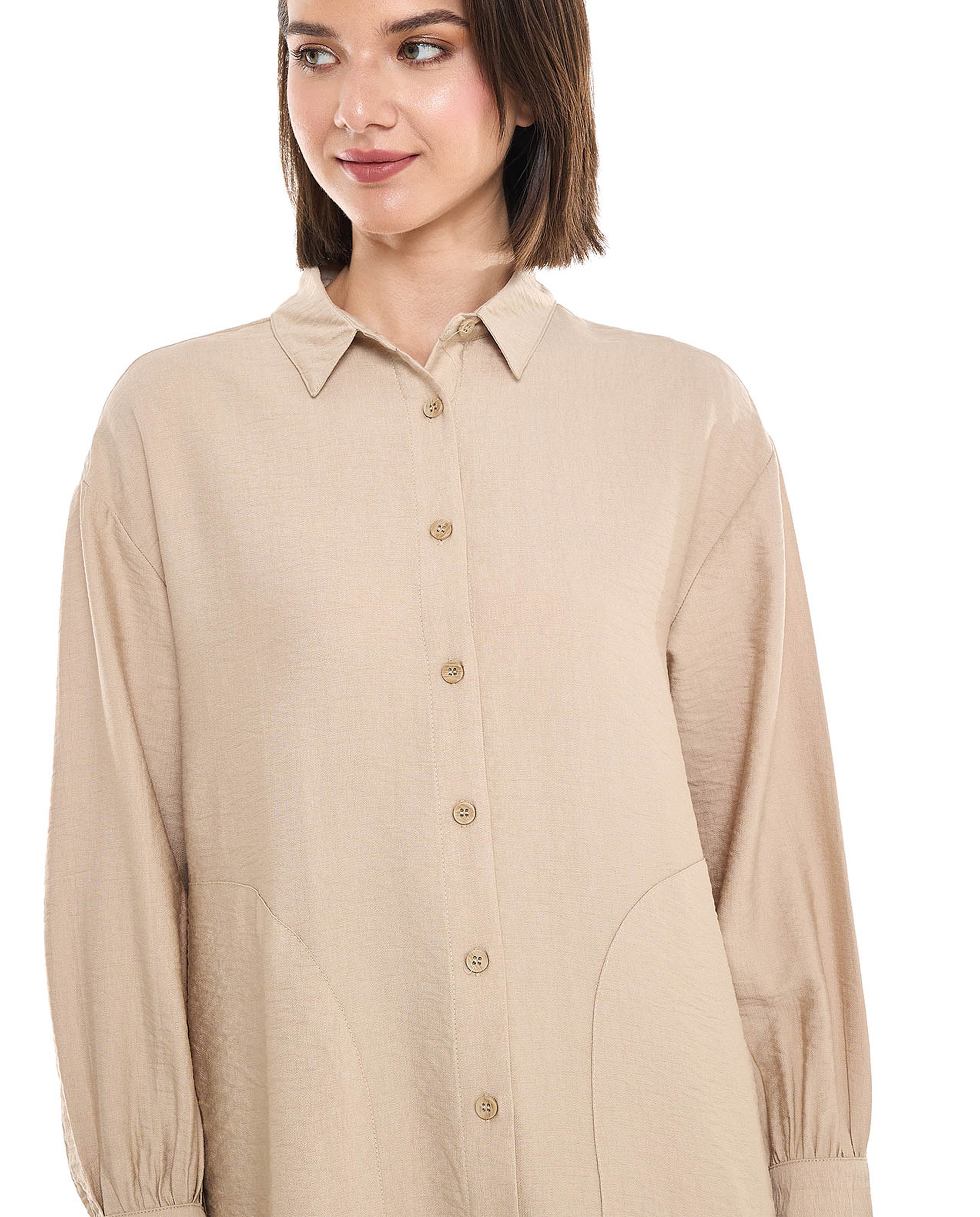 Crinkled Tunic with Classic Collar and Long Sleeves