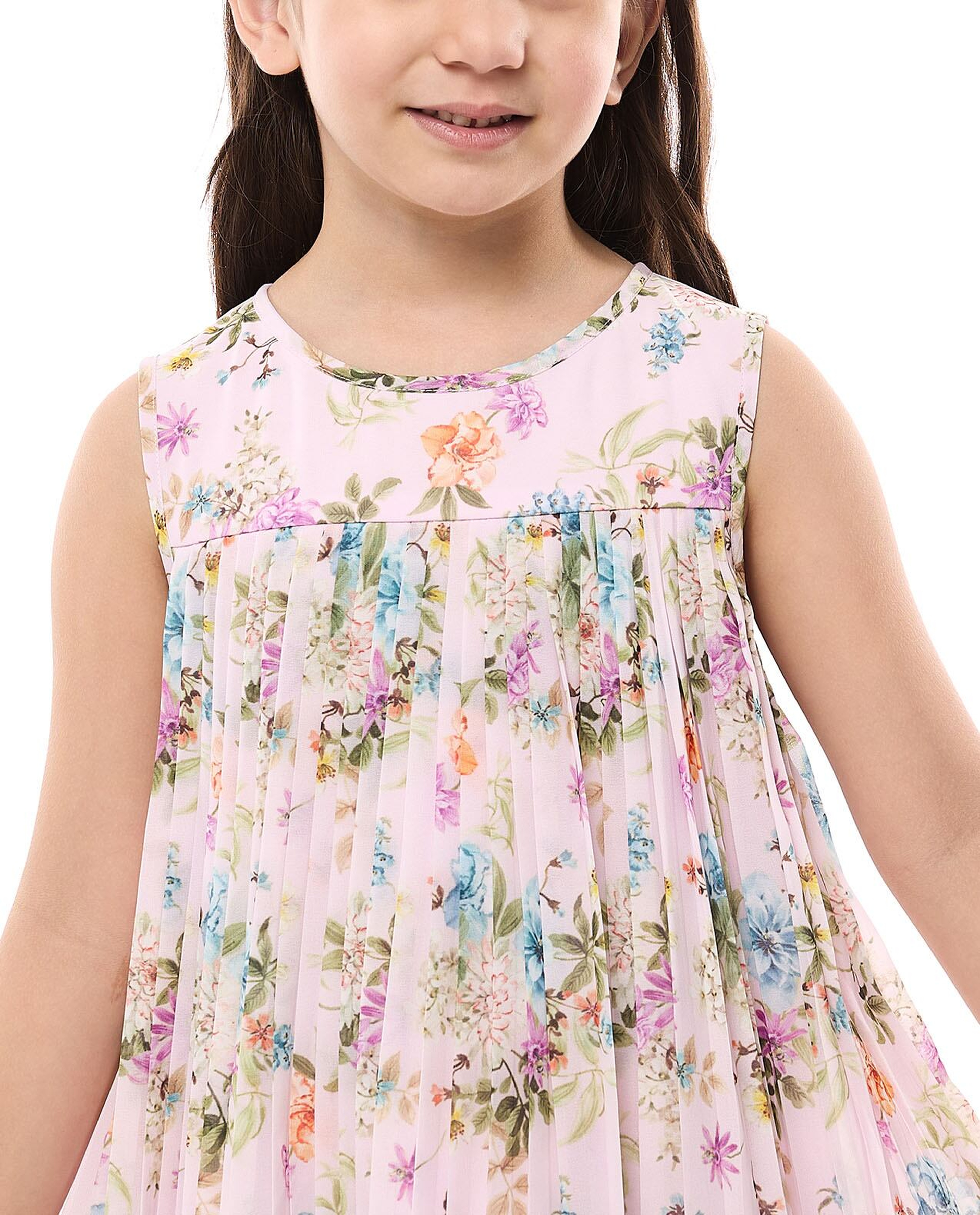 Printed Sleeveless Flared Dress with Crew Neck