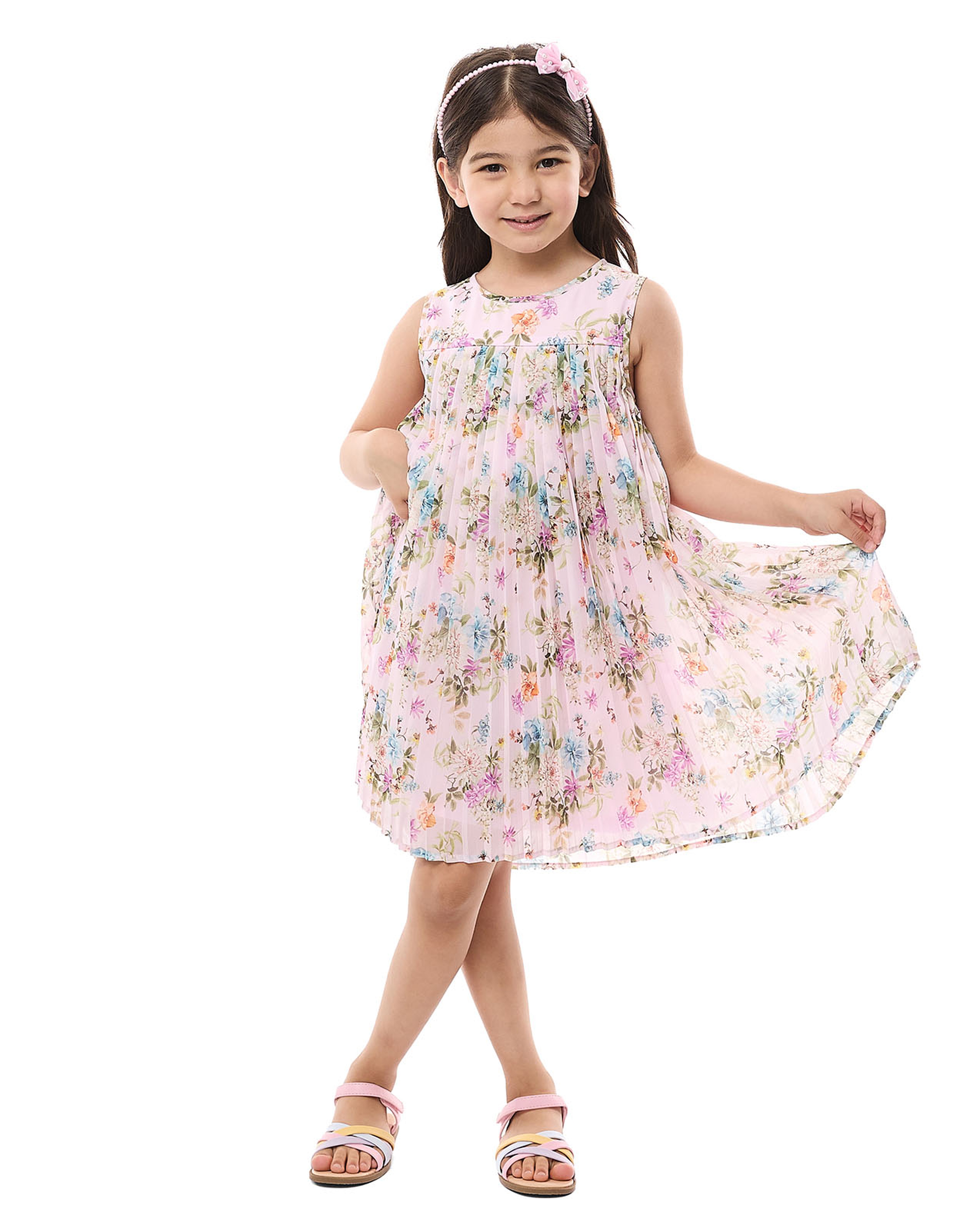 Printed Sleeveless Flared Dress with Crew Neck