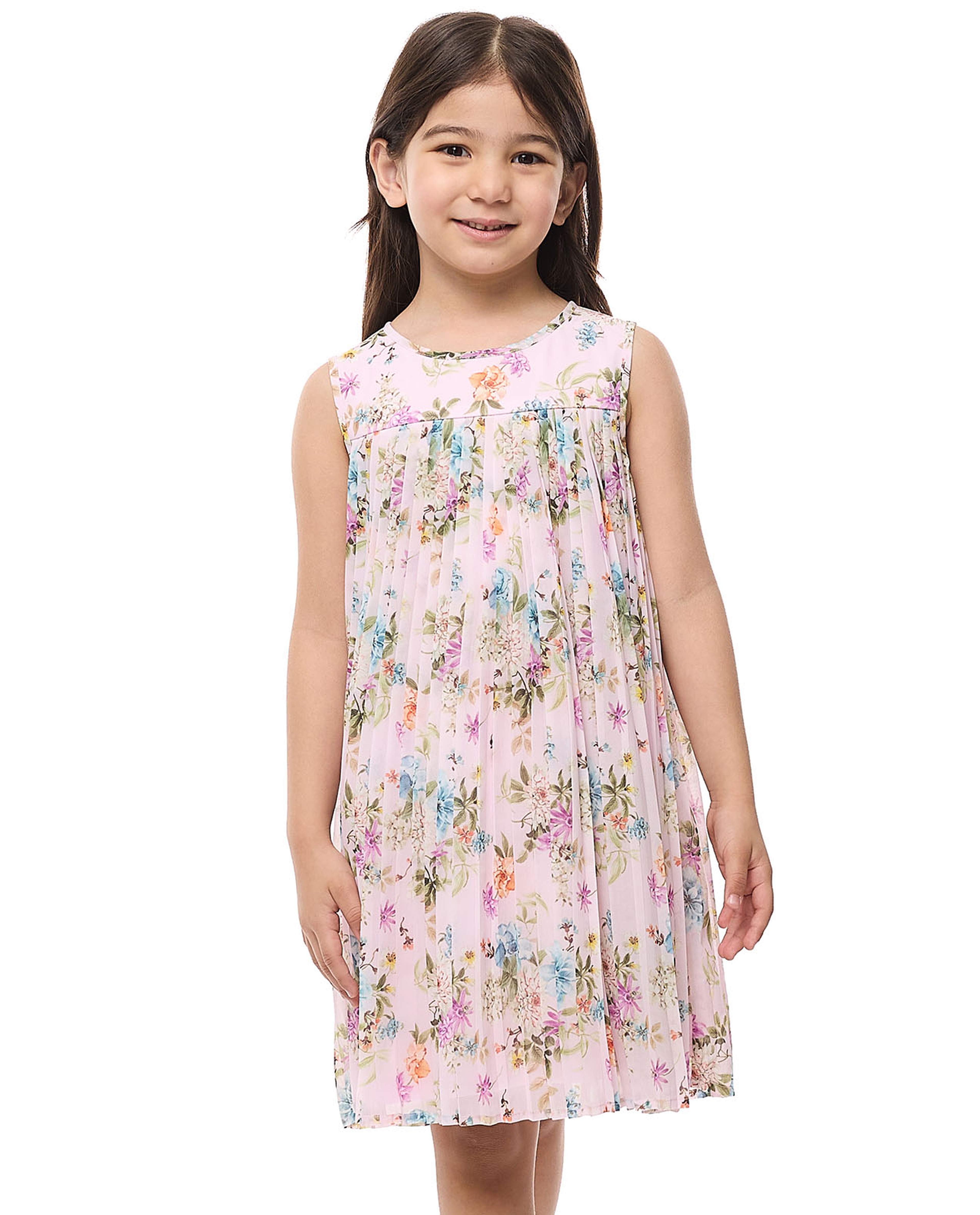 Printed Sleeveless Flared Dress with Crew Neck