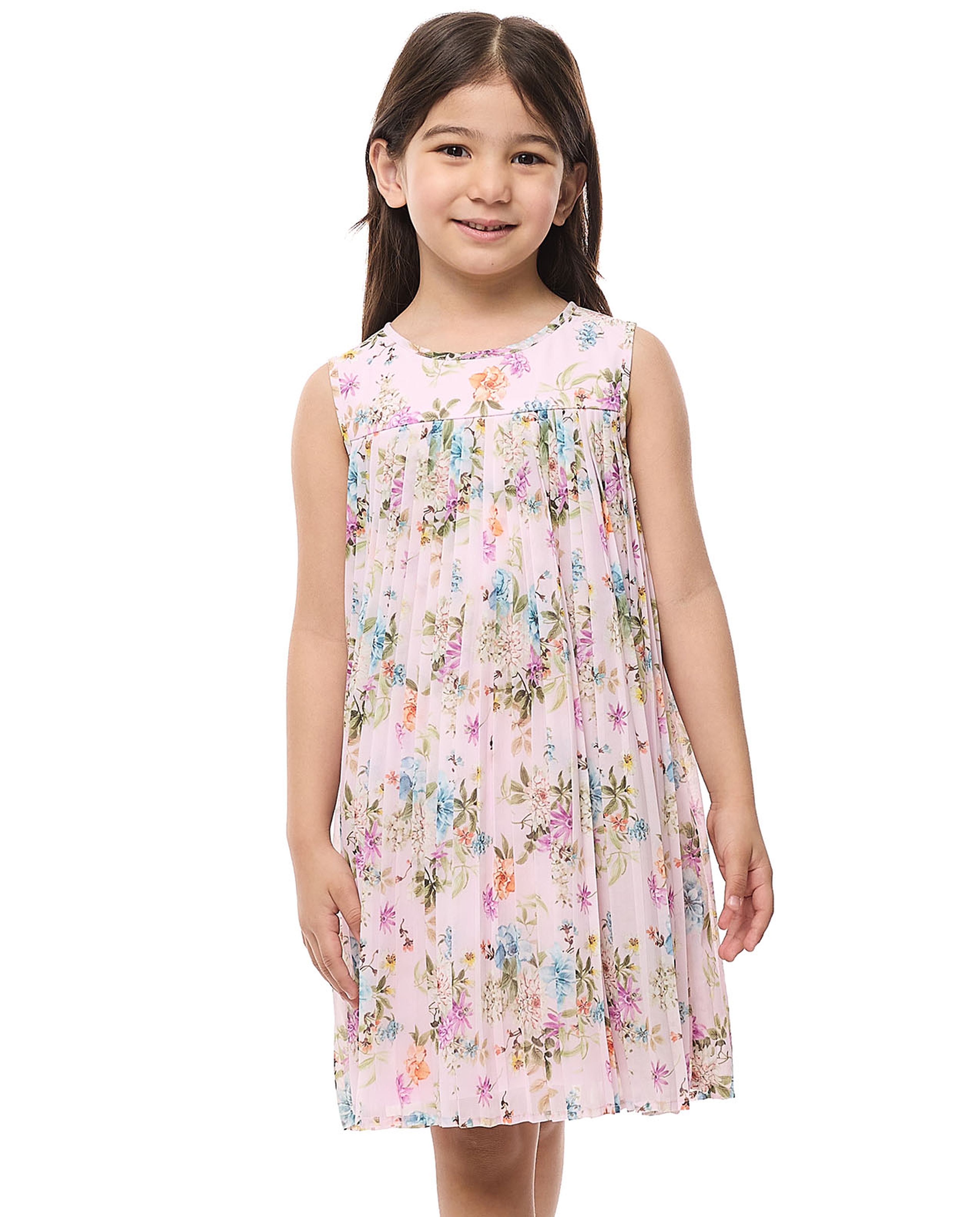 Printed Sleeveless Flared Dress with Crew Neck