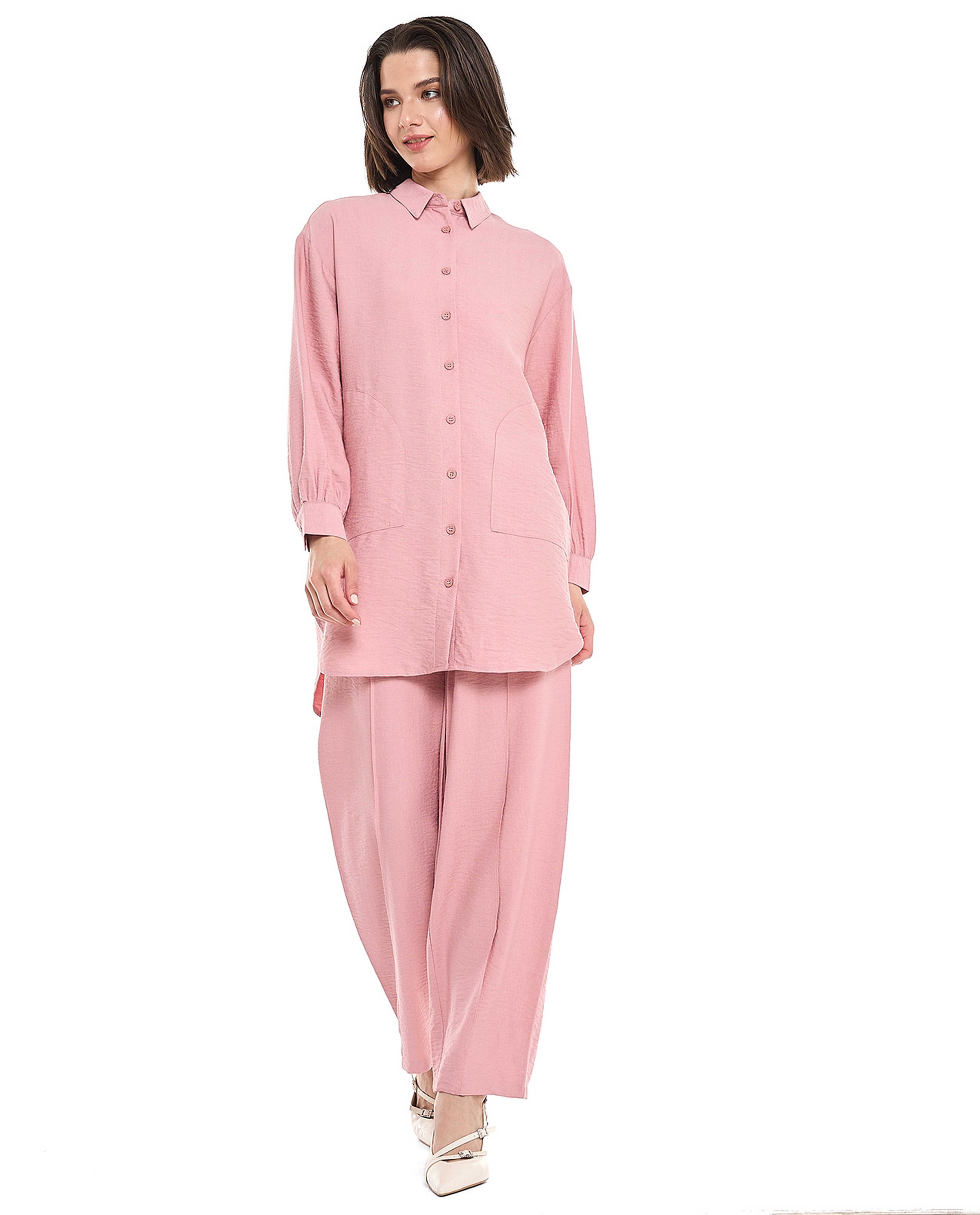 Crinkled Tunic with Classic Collar and Long Sleeves