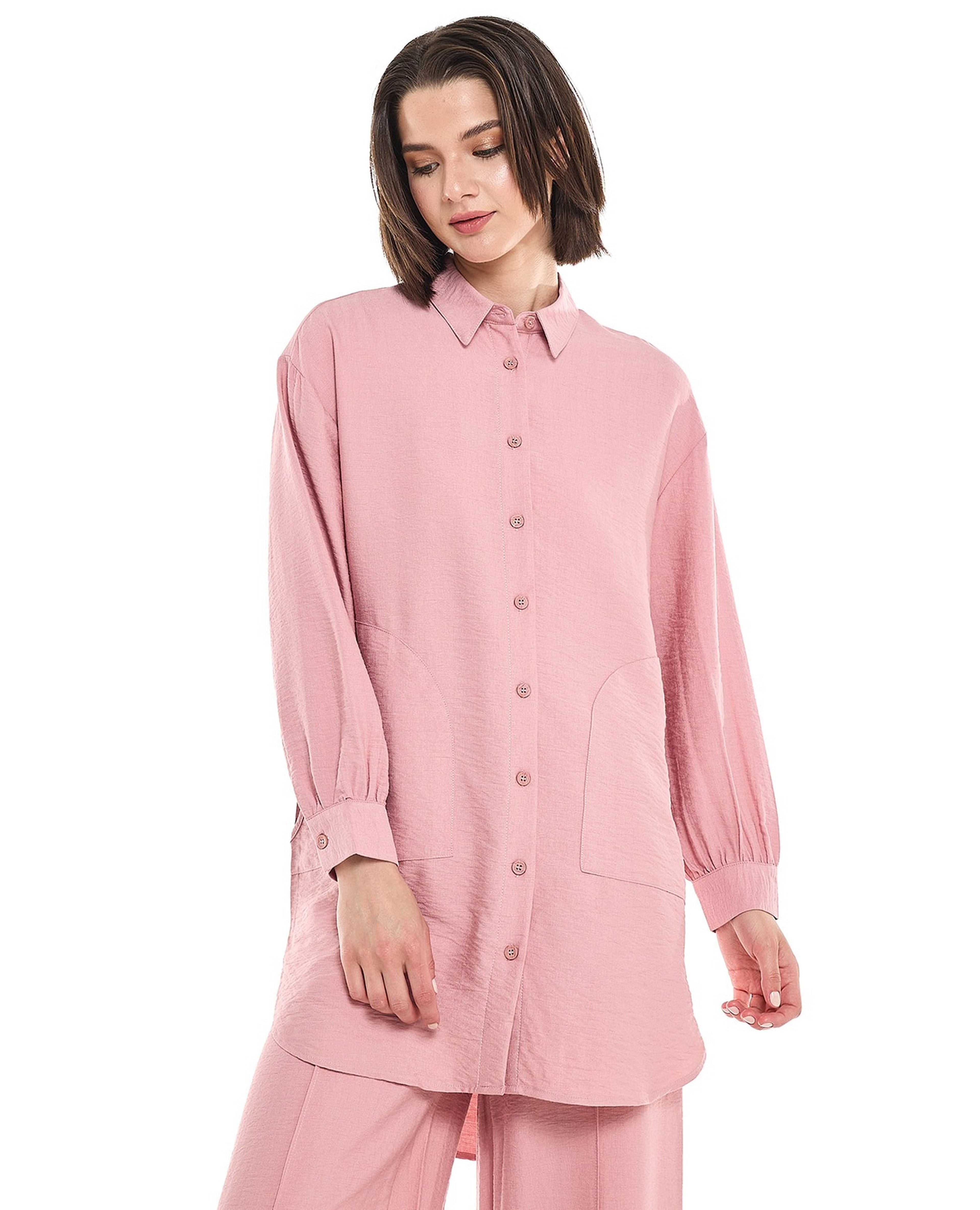 Crinkled Tunic with Classic Collar and Long Sleeves