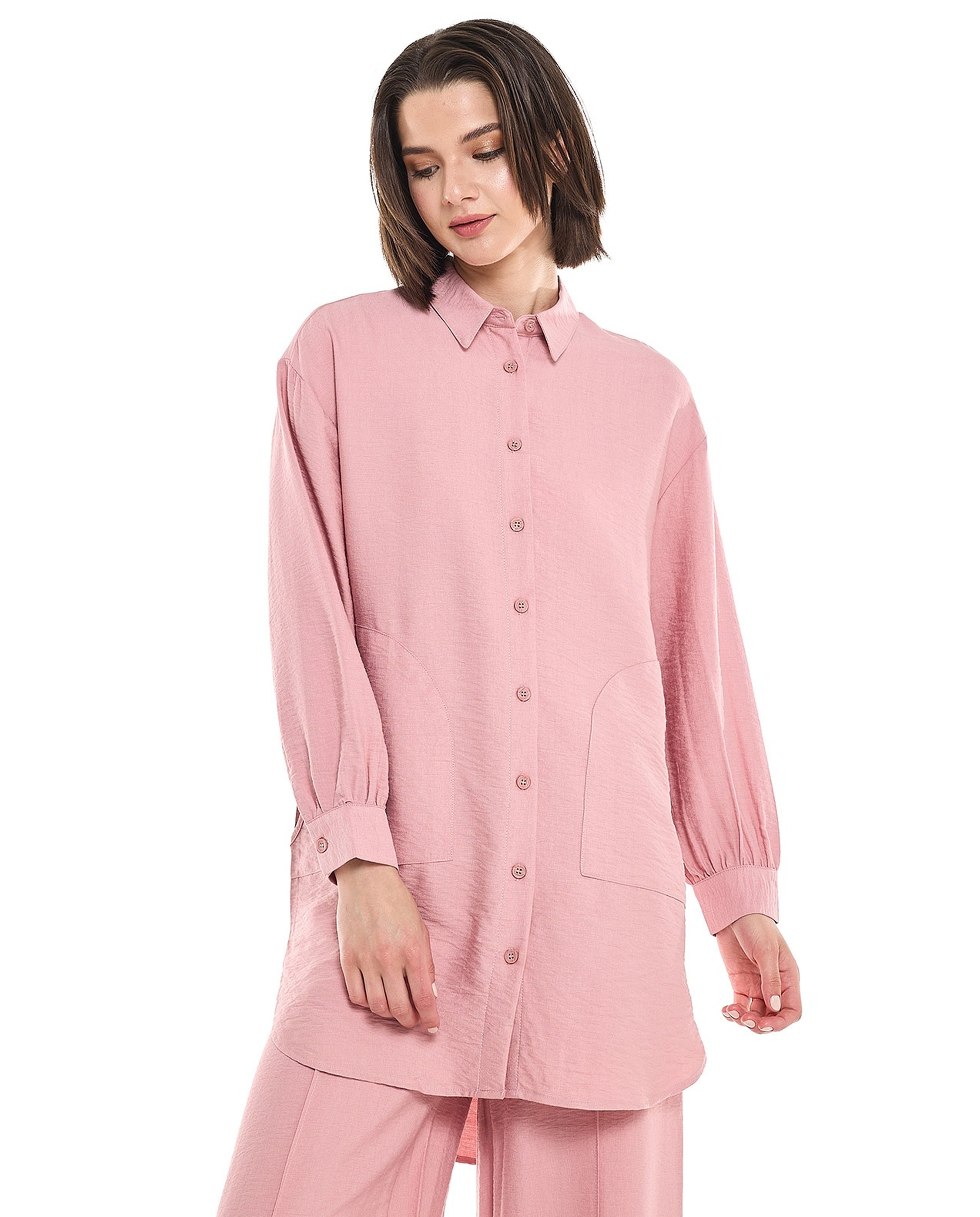 Crinkled Tunic with Classic Collar and Long Sleeves
