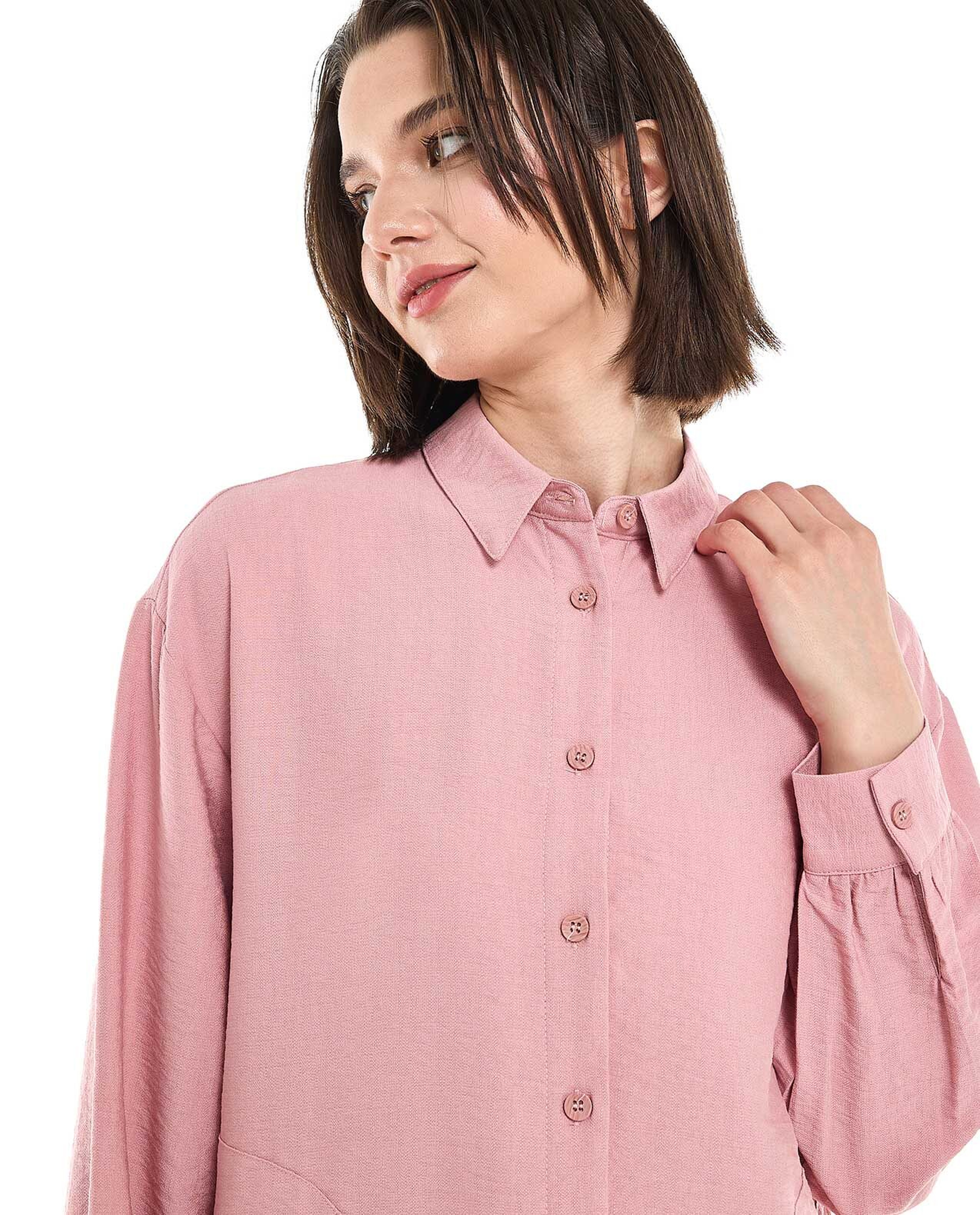 Crinkled Tunic with Classic Collar and Long Sleeves