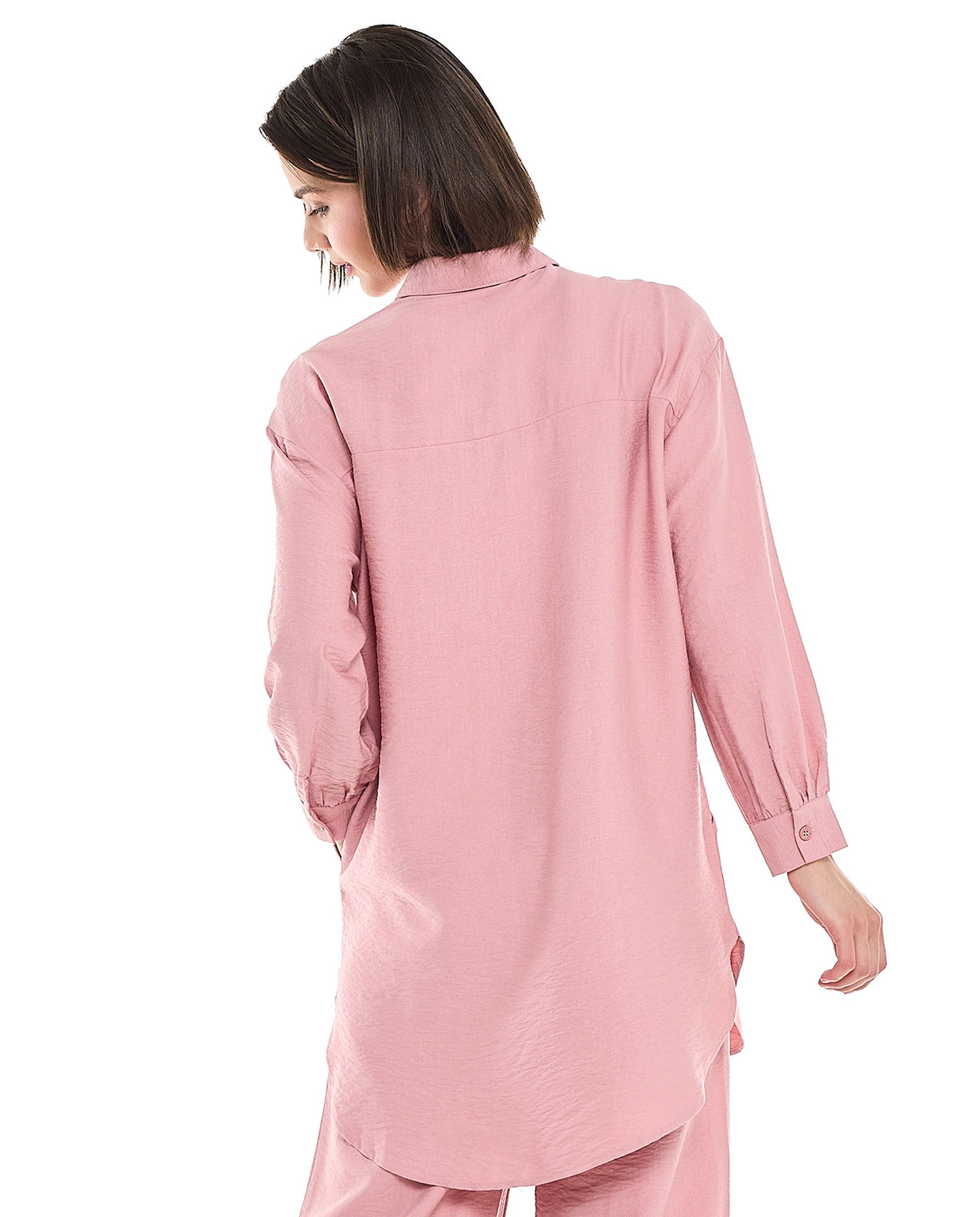 Crinkled Tunic with Classic Collar and Long Sleeves