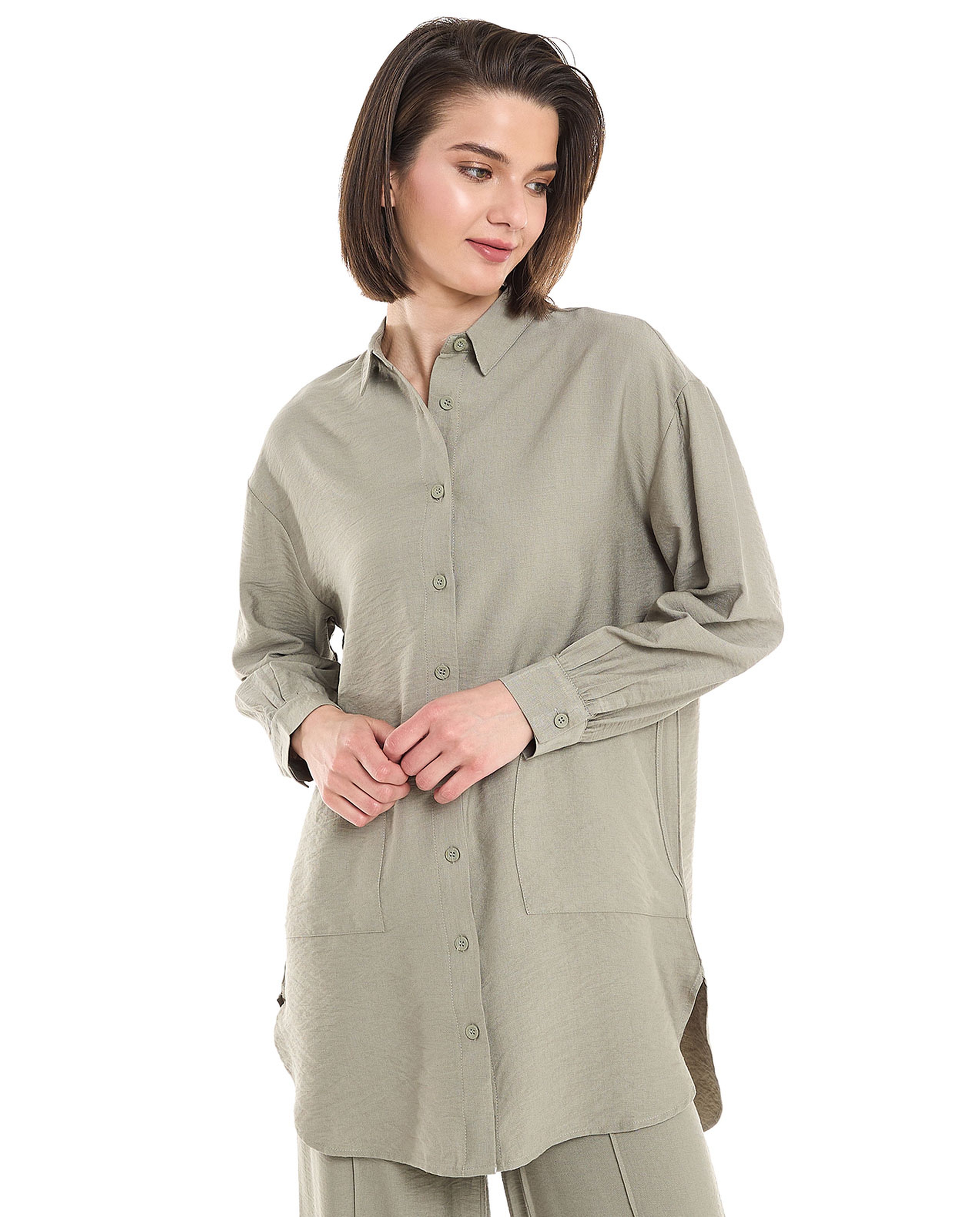 Crinkled Tunic with Classic Collar and Long Sleeves