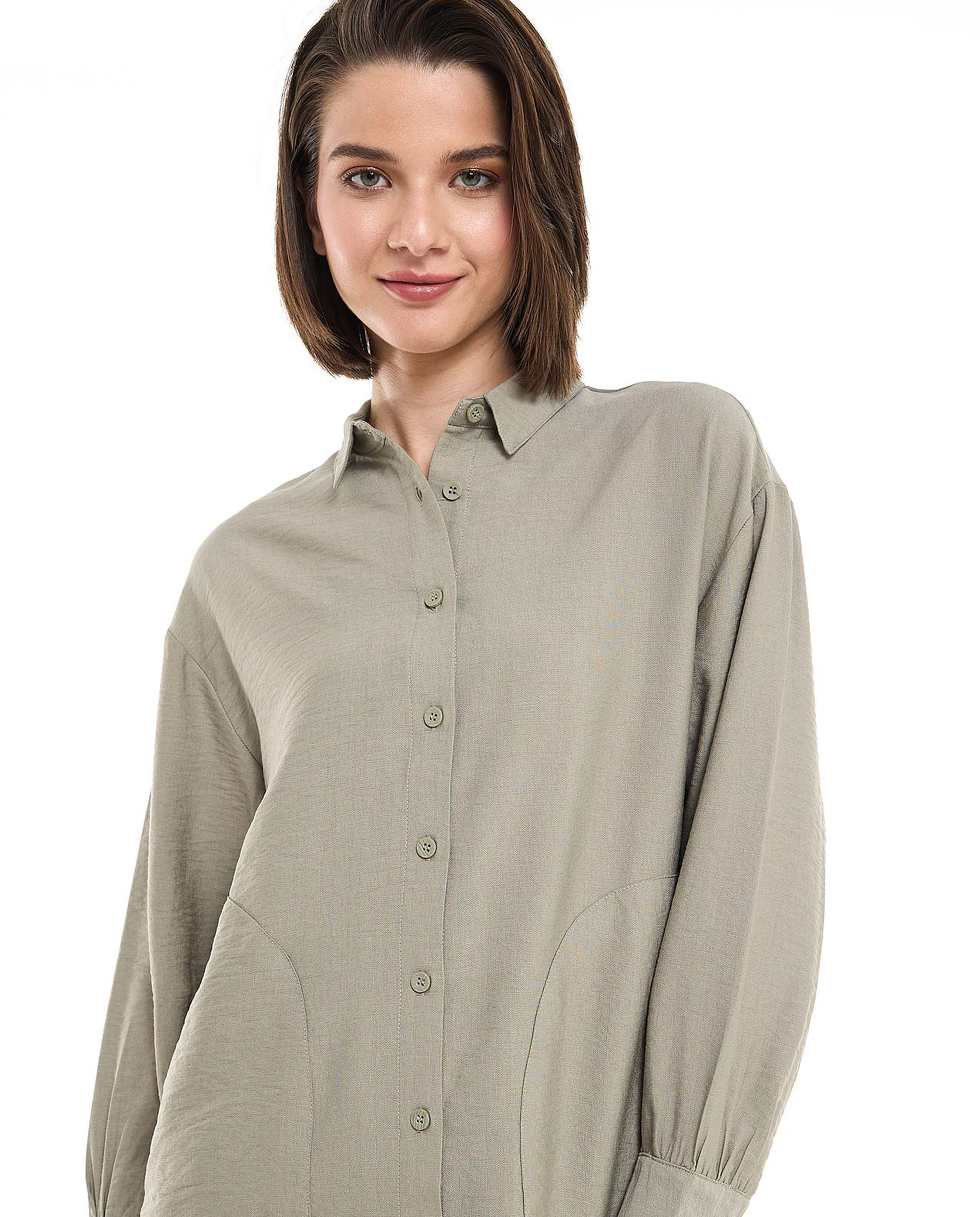 Crinkled Tunic with Classic Collar and Long Sleeves
