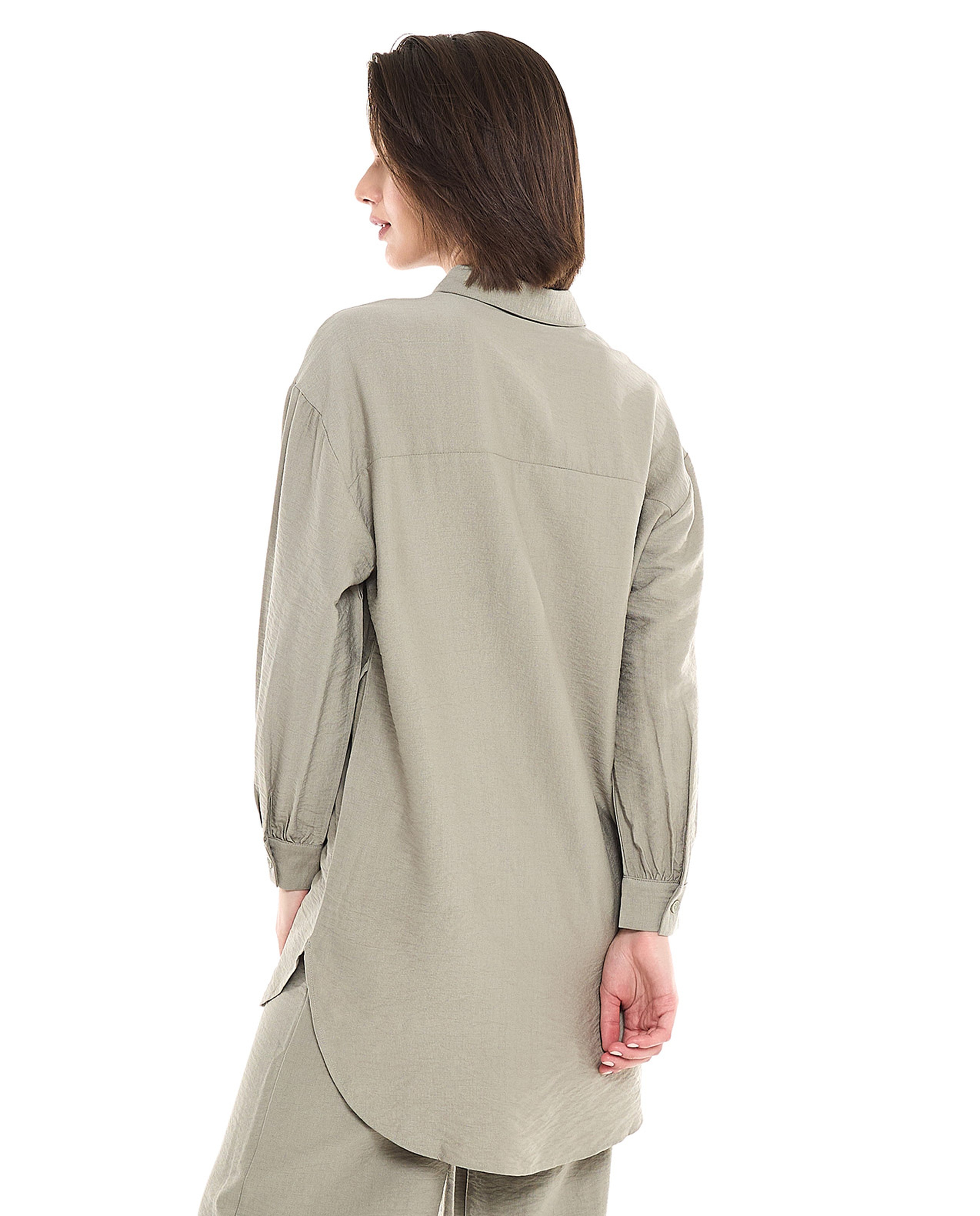 Crinkled Tunic with Classic Collar and Long Sleeves