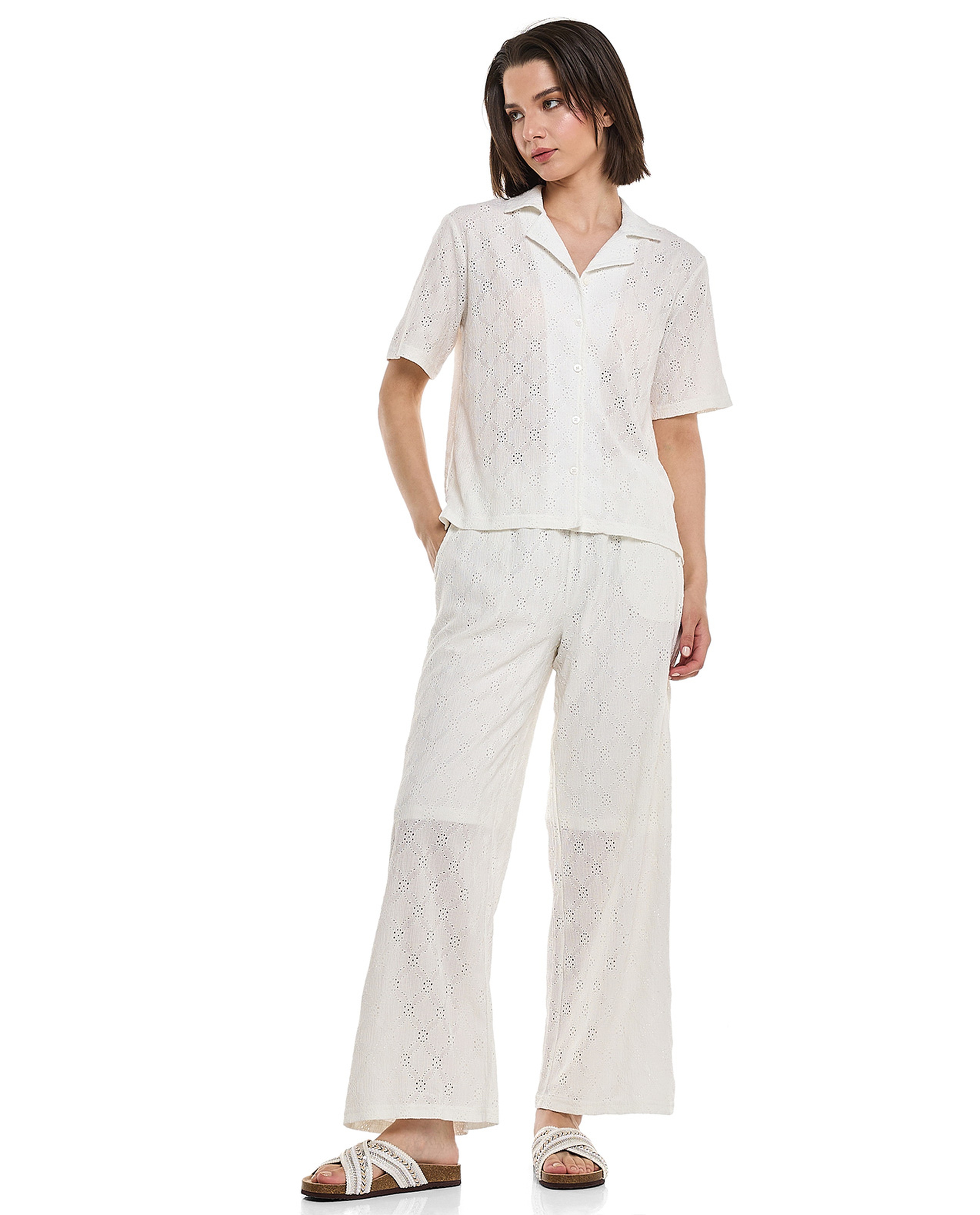 Schiffli Wide Leg Pants with Elastic Waist