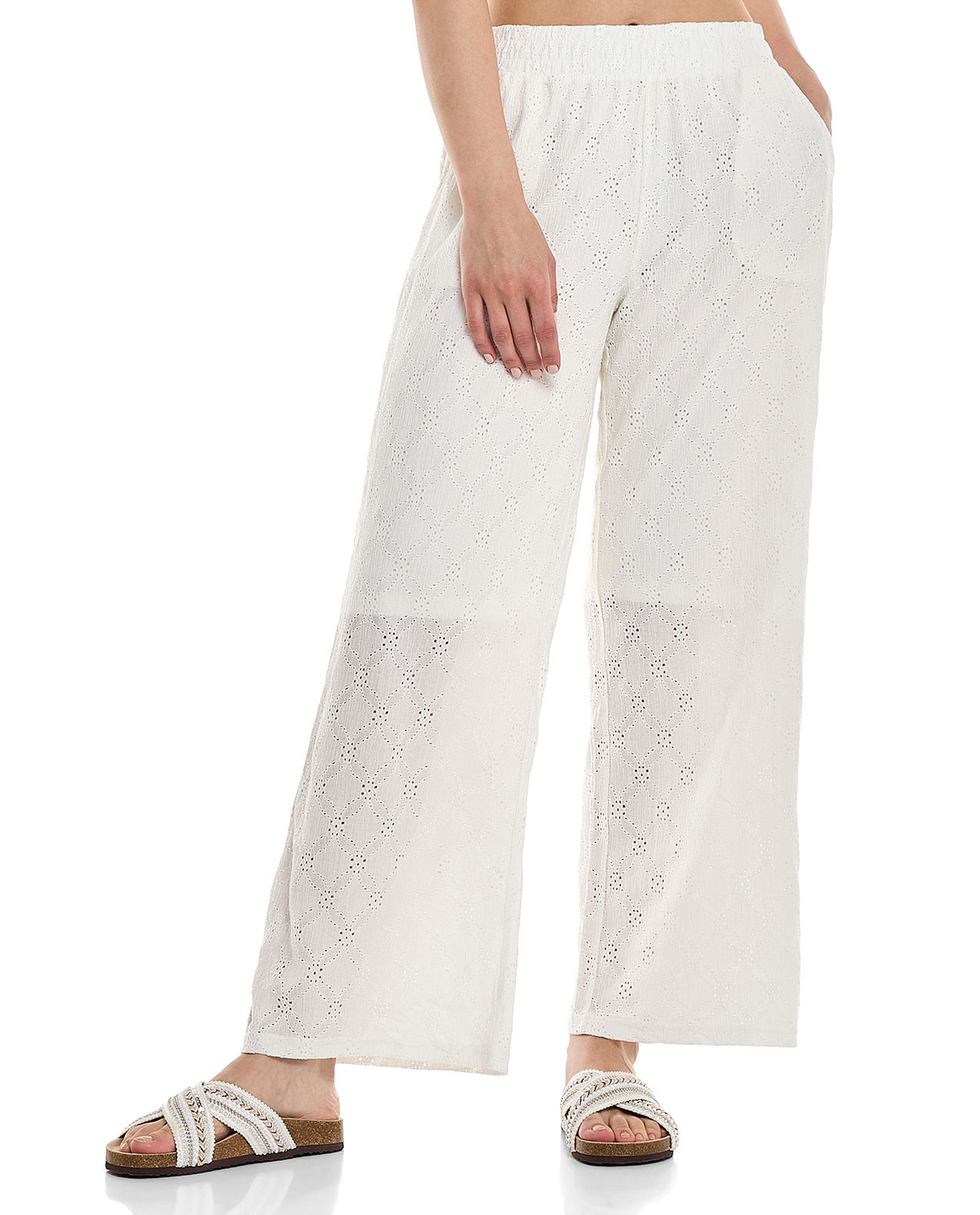 Schiffli Wide Leg Pants with Elastic Waist
