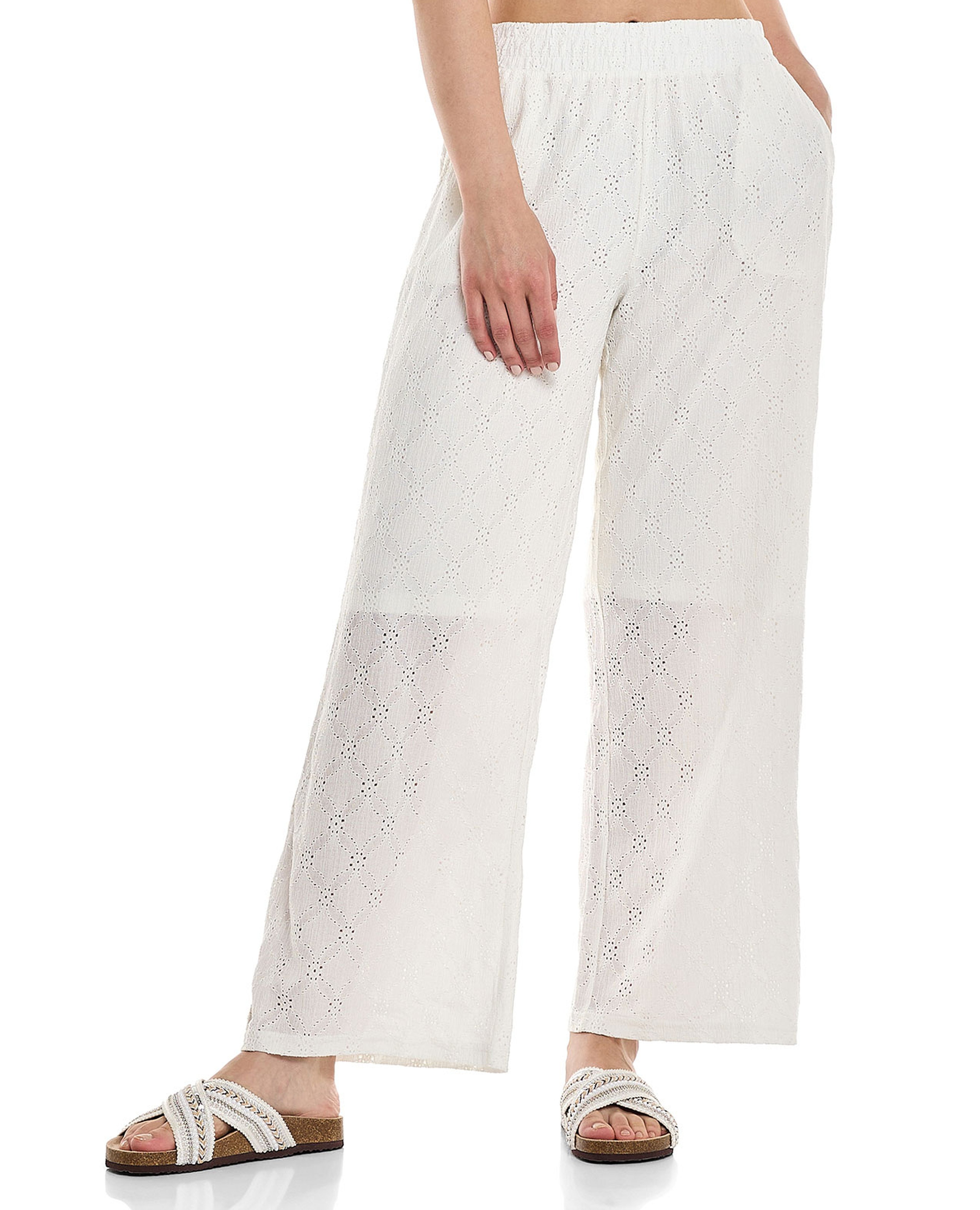 Schiffli Wide Leg Pants with Elastic Waist