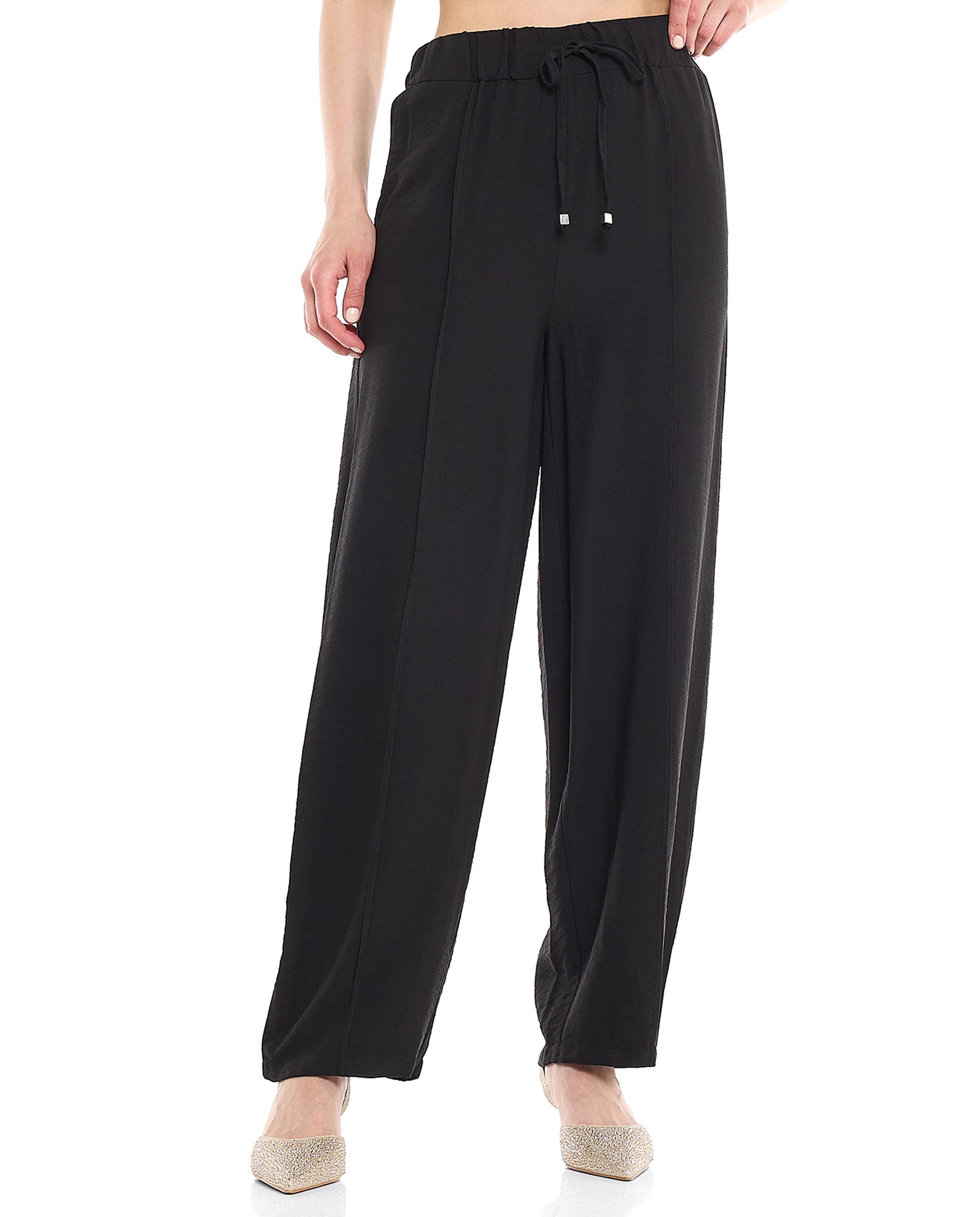 Solid Wide Leg Pants with Drawstring Closure