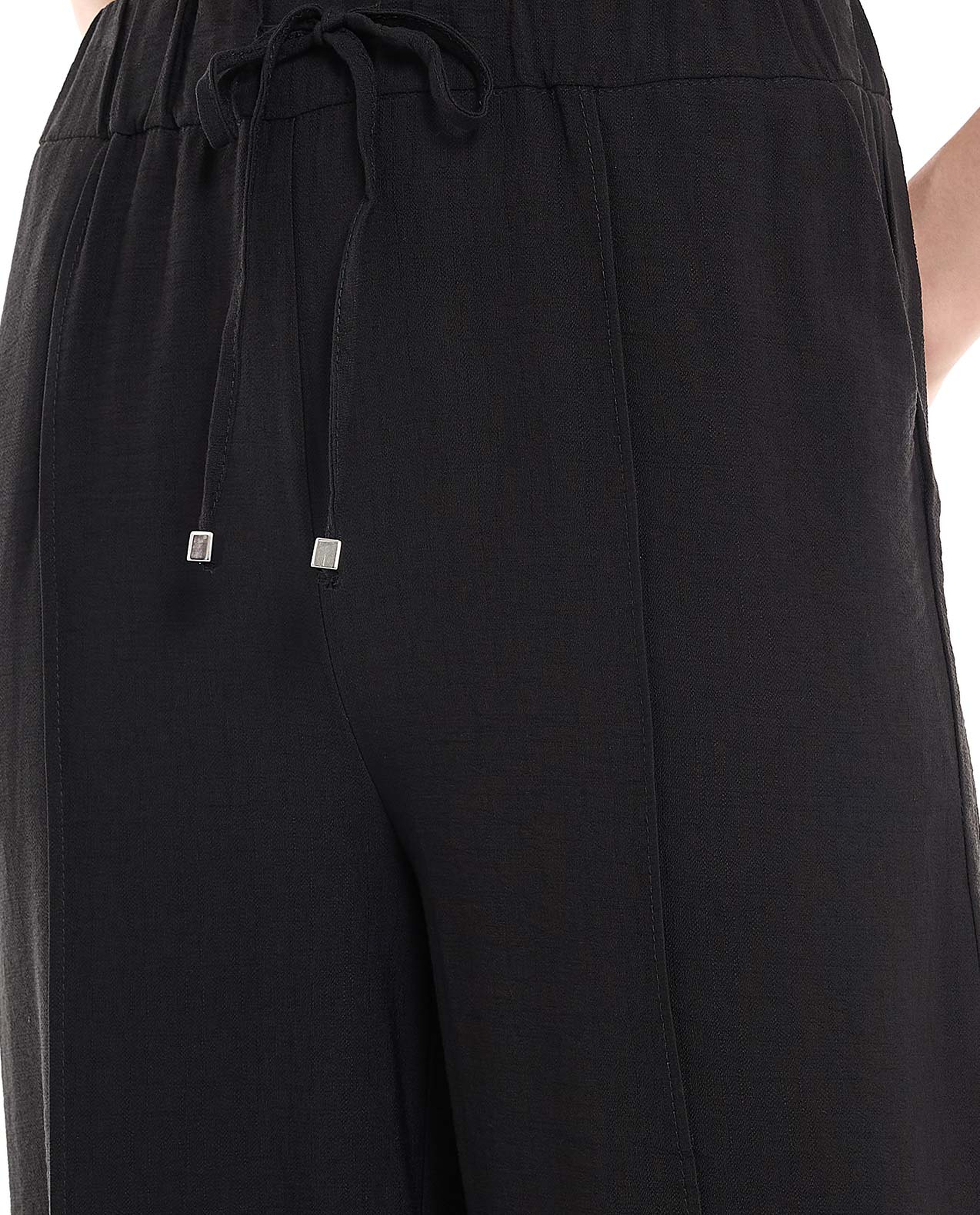 Solid Wide Leg Pants with Drawstring Closure
