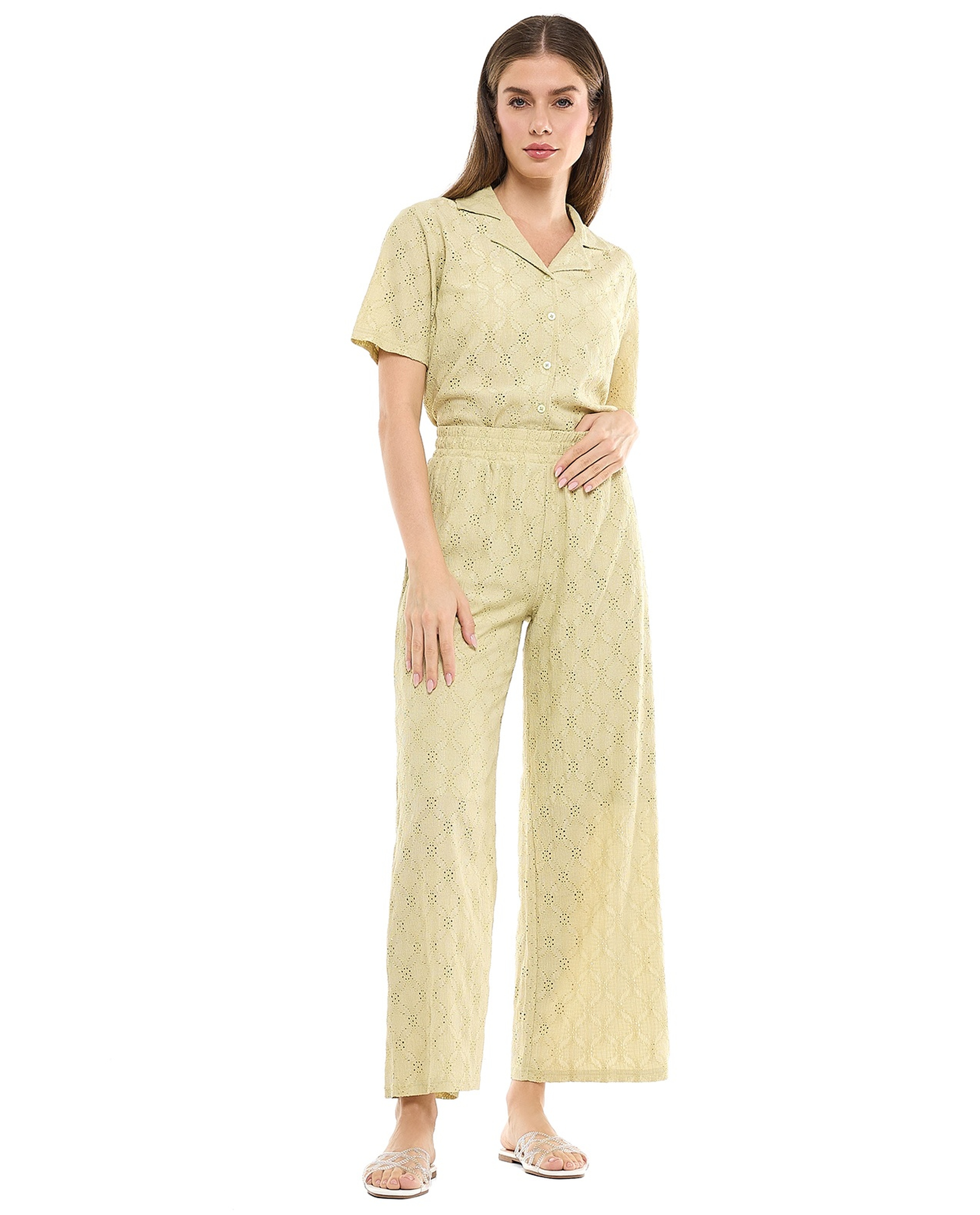 Schiffli Wide Leg Pants with Elastic Waist