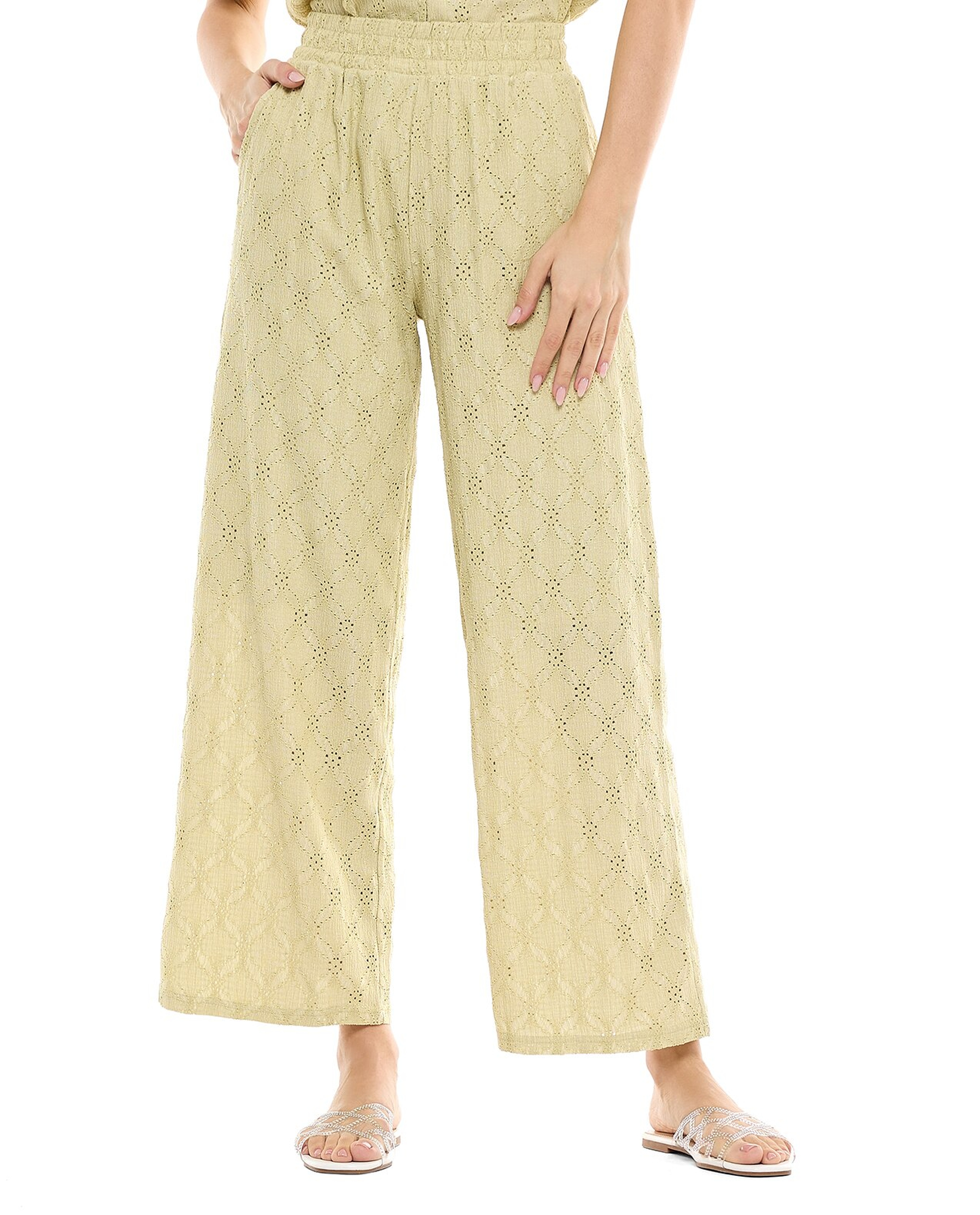 Schiffli Wide Leg Pants with Elastic Waist