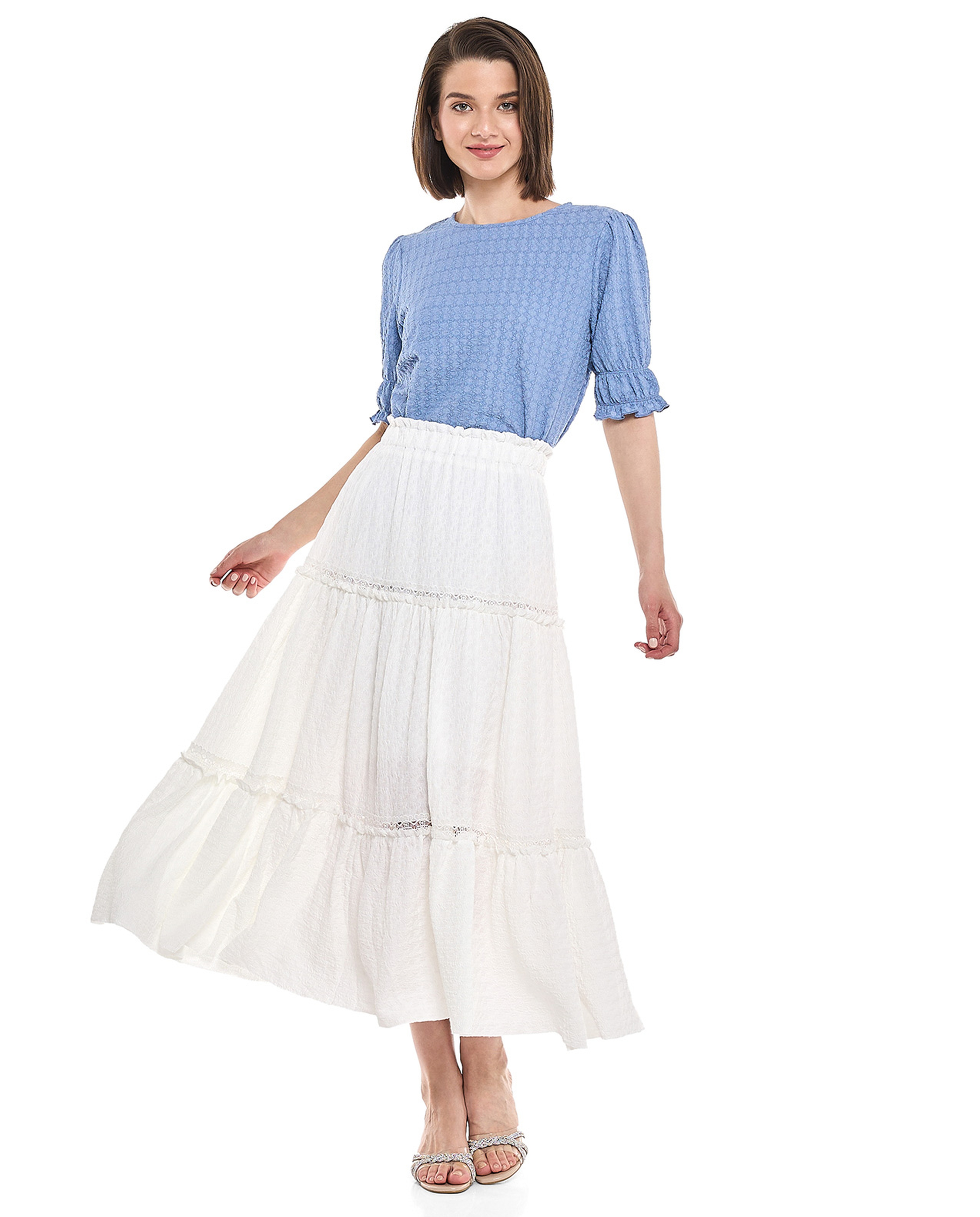 Textured Tiered Midaxi Skirt with Elastic Waist