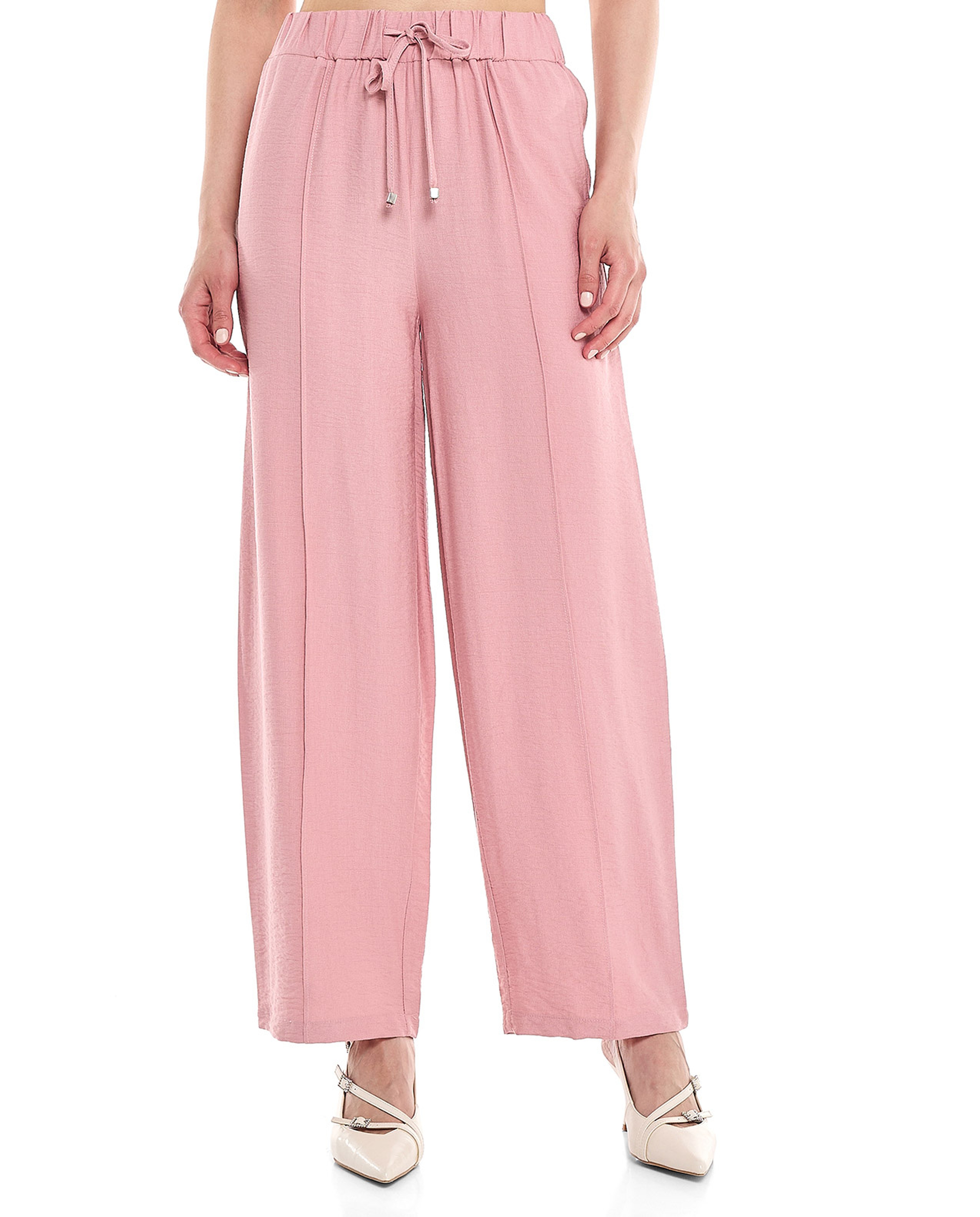 Solid Wide Leg Pants with Drawstring Closure