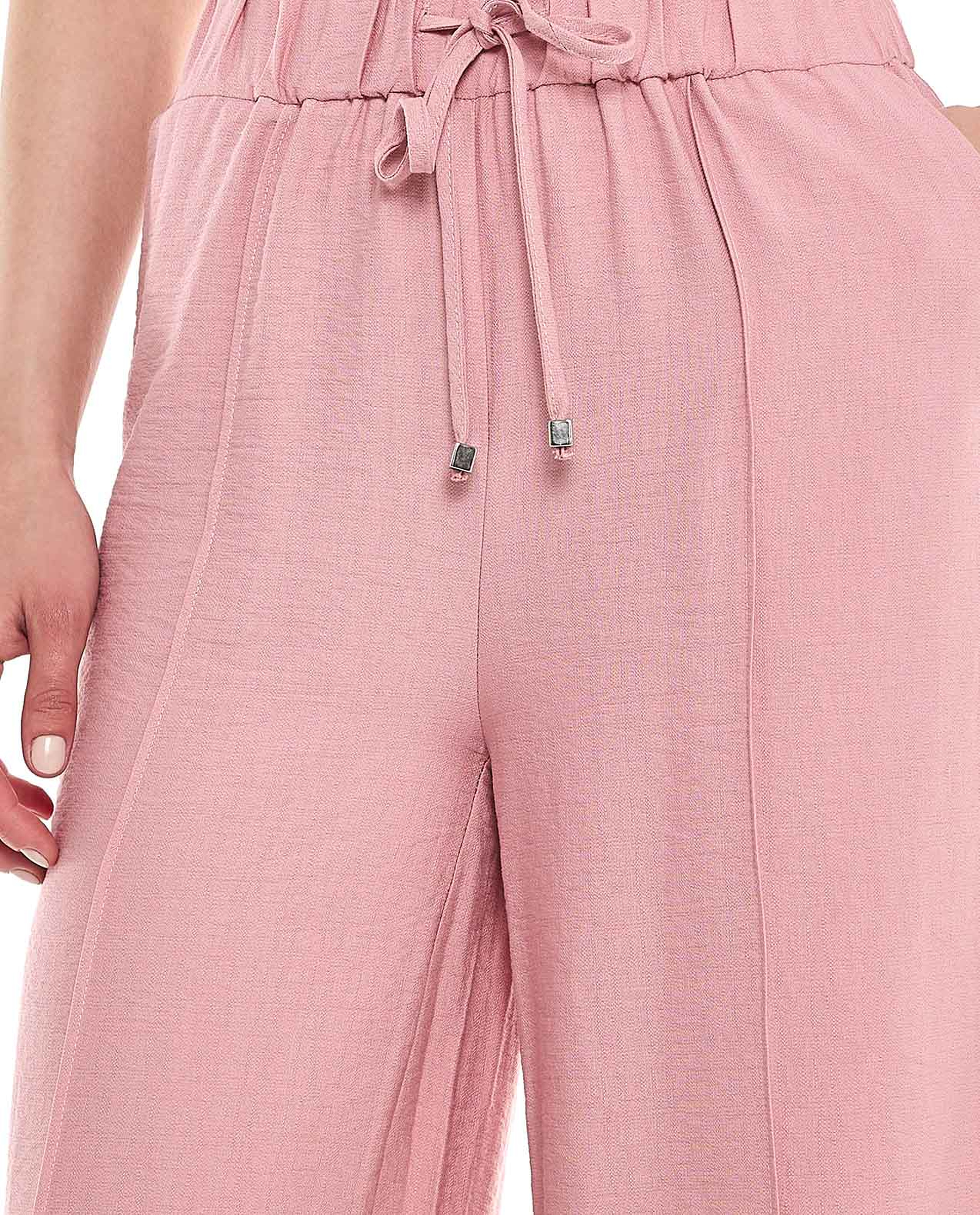 Solid Wide Leg Pants with Drawstring Closure