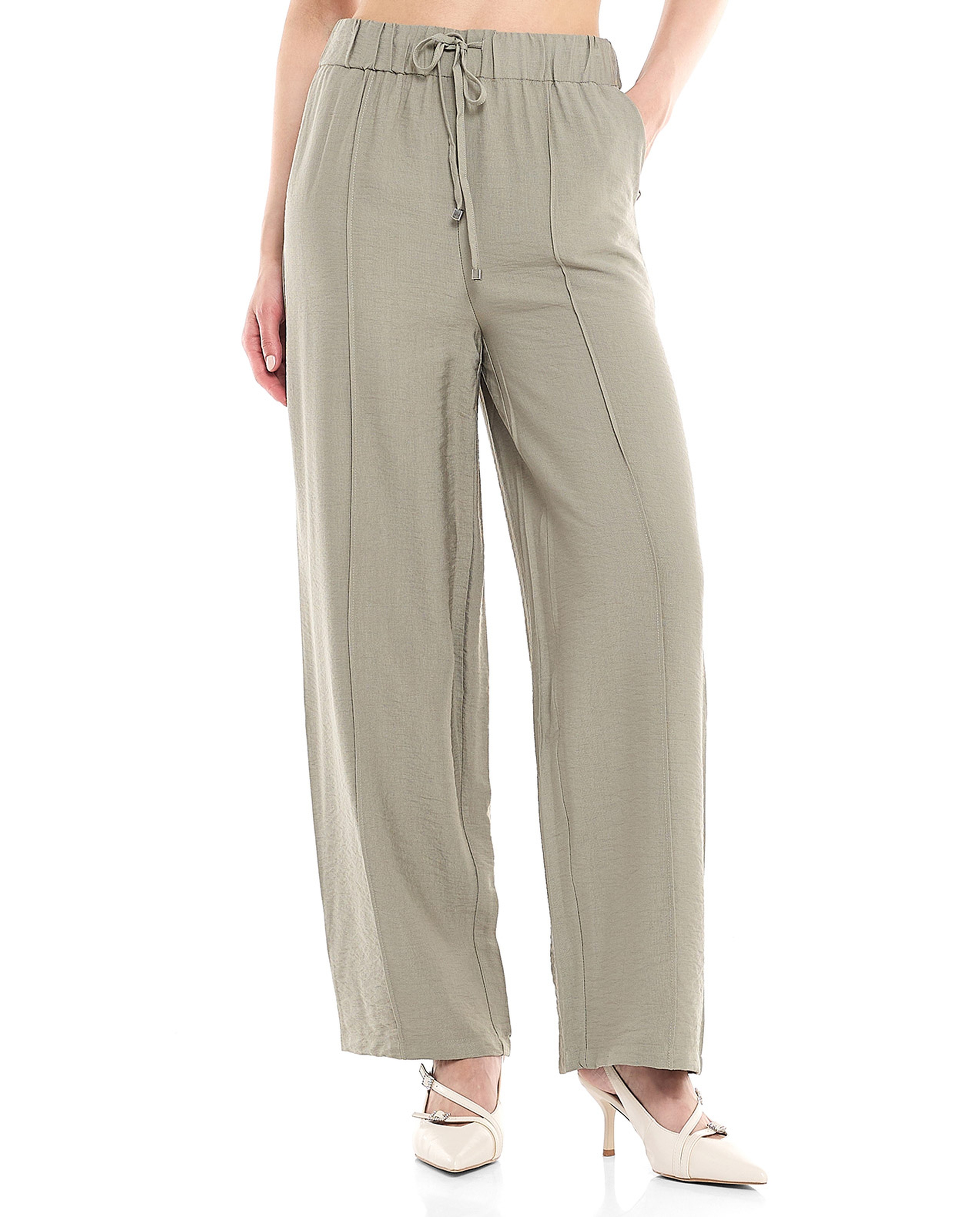 Solid Wide Leg Pants with Drawstring Closure