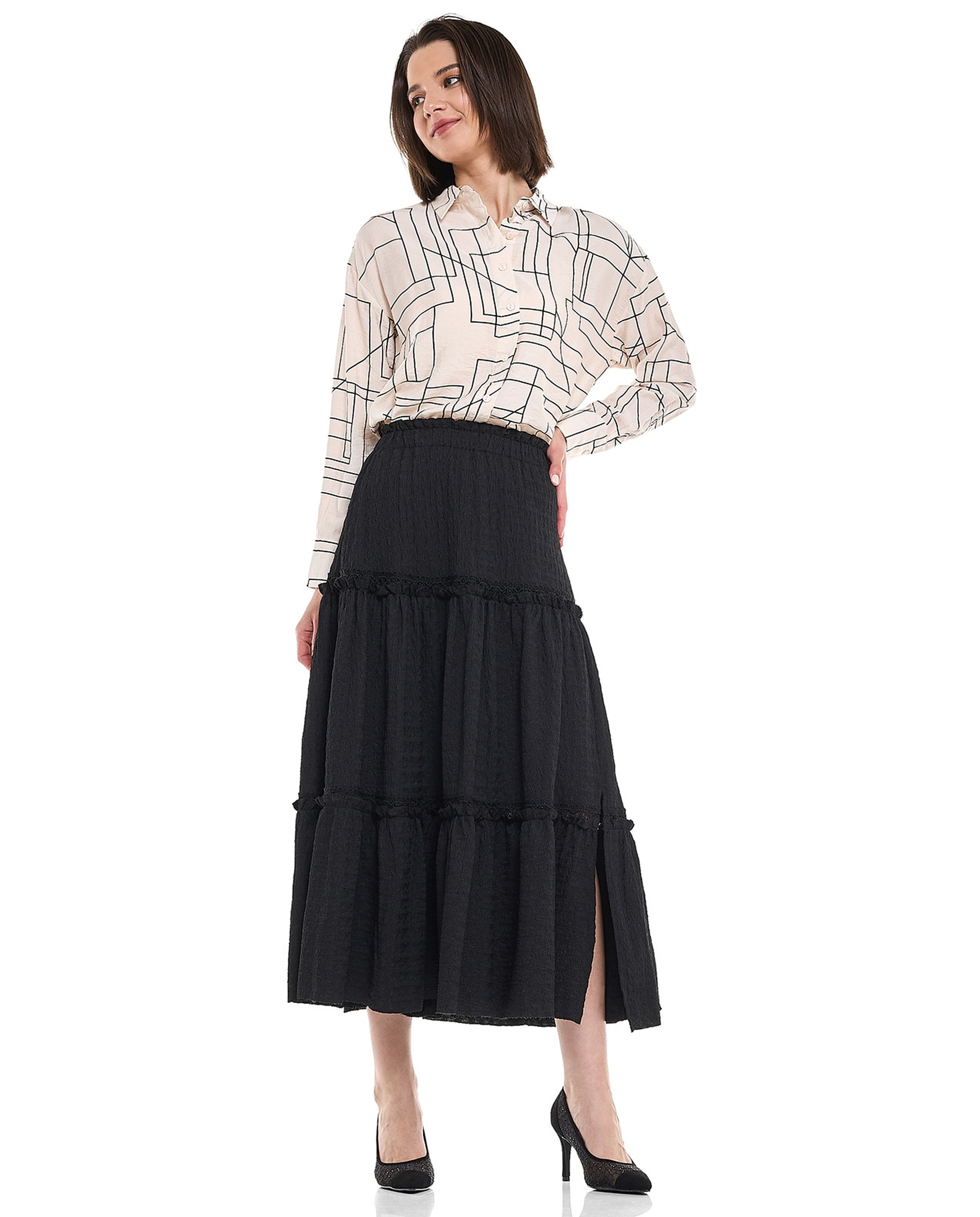 Textured Tiered Midaxi Skirt with Elastic Waist