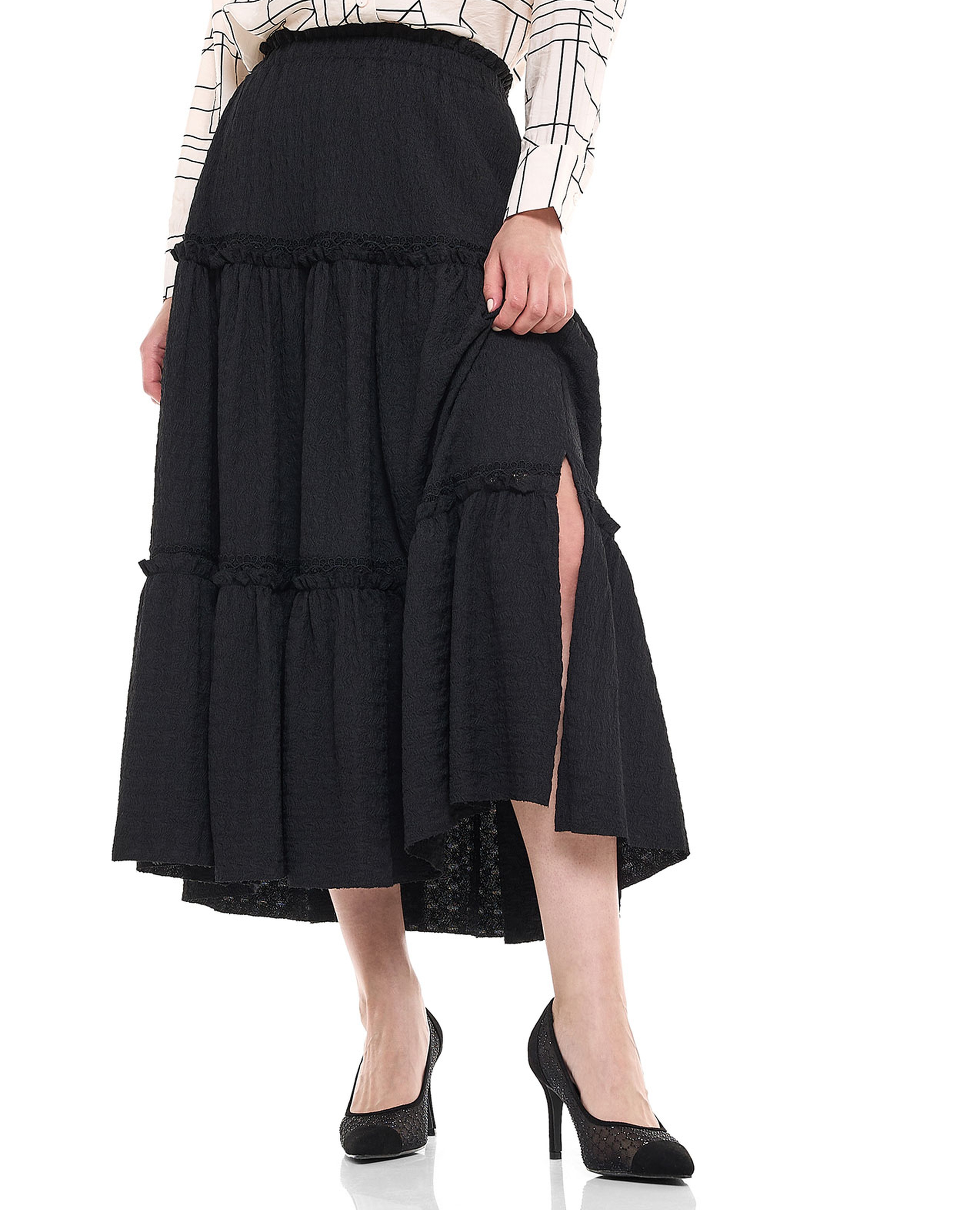 Textured Tiered Midaxi Skirt with Elastic Waist