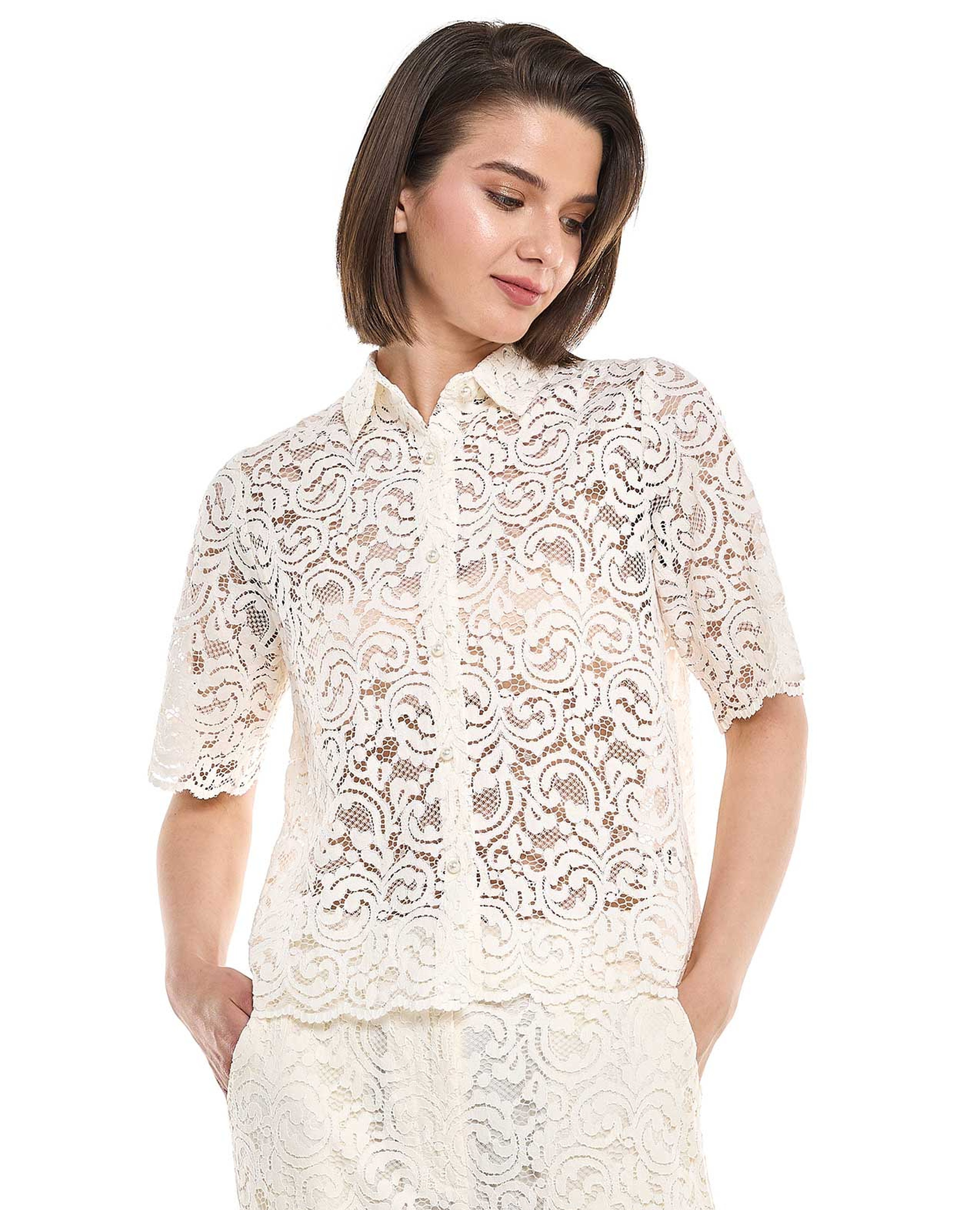 Lace Shirt with Classic Collar and Short Sleeves