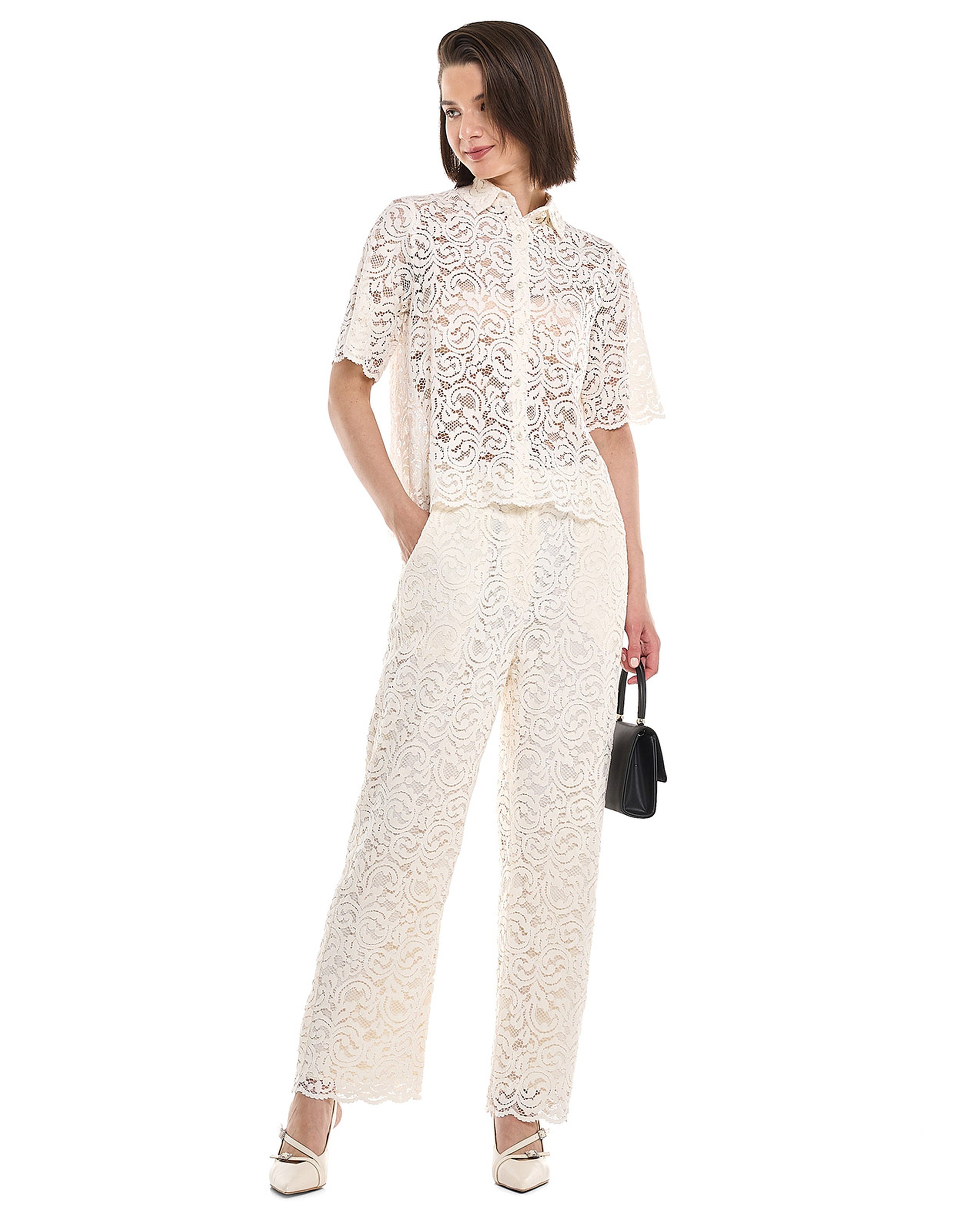 Lace Shirt with Classic Collar and Short Sleeves