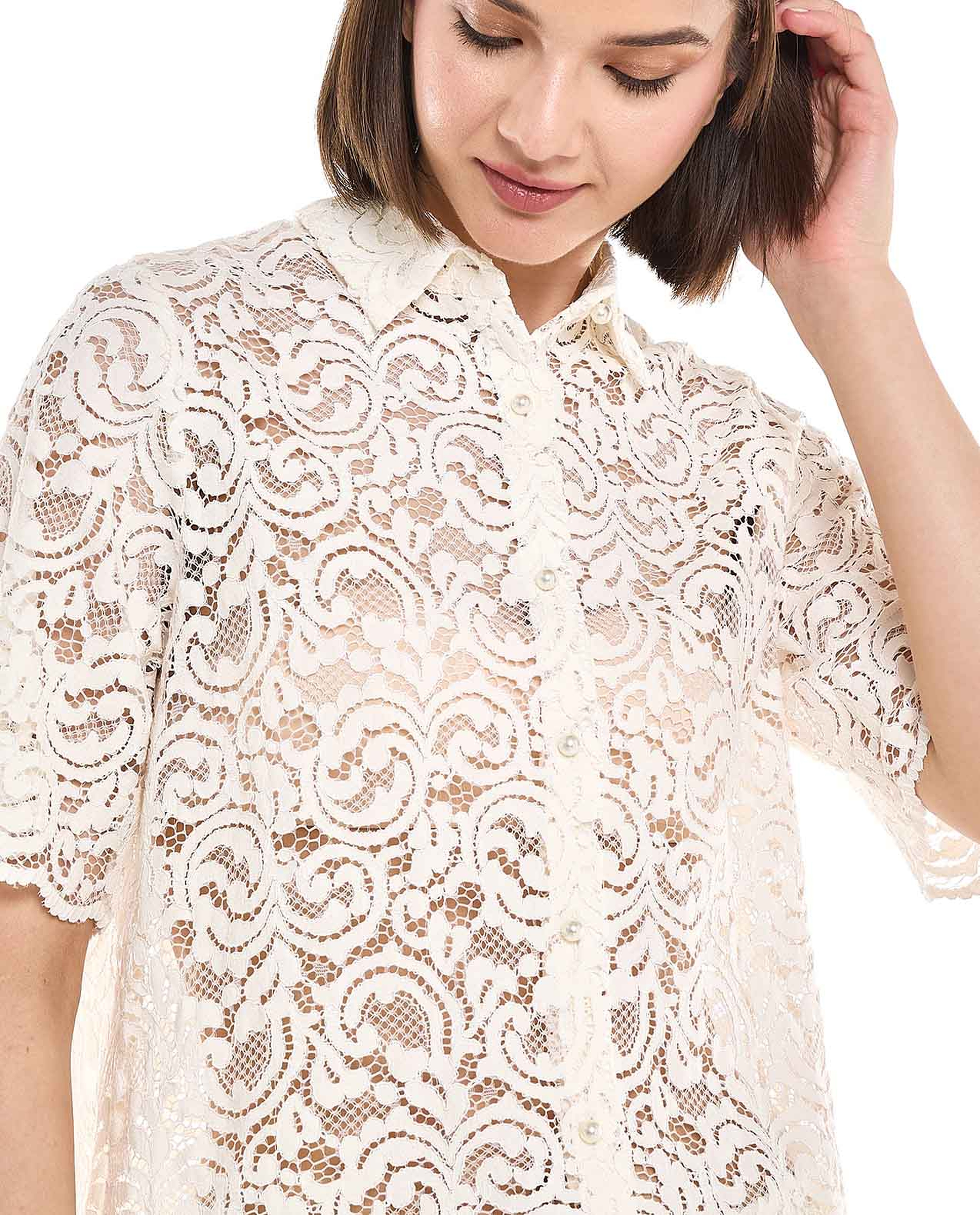 Lace Shirt with Classic Collar and Short Sleeves