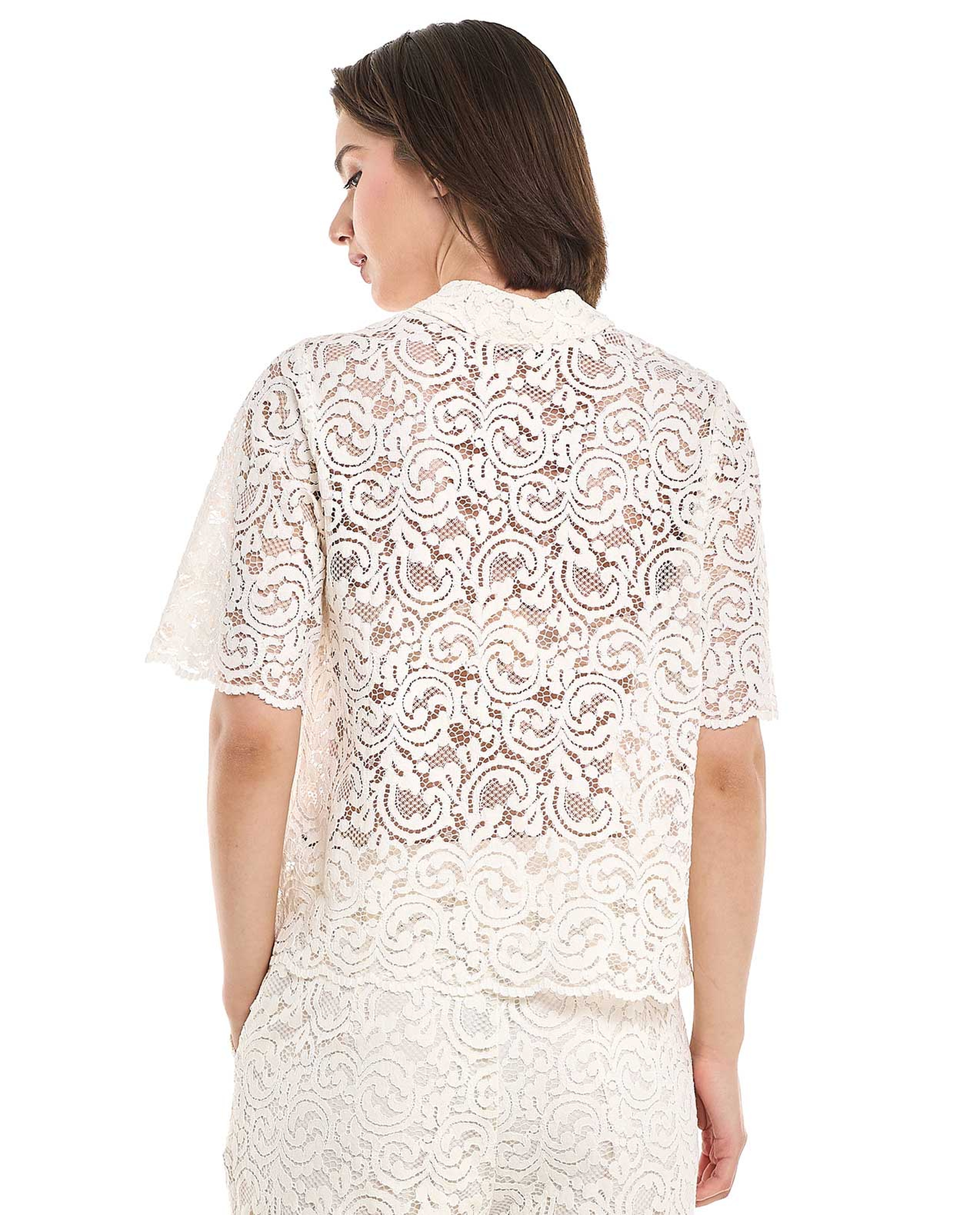 Lace Shirt with Classic Collar and Short Sleeves