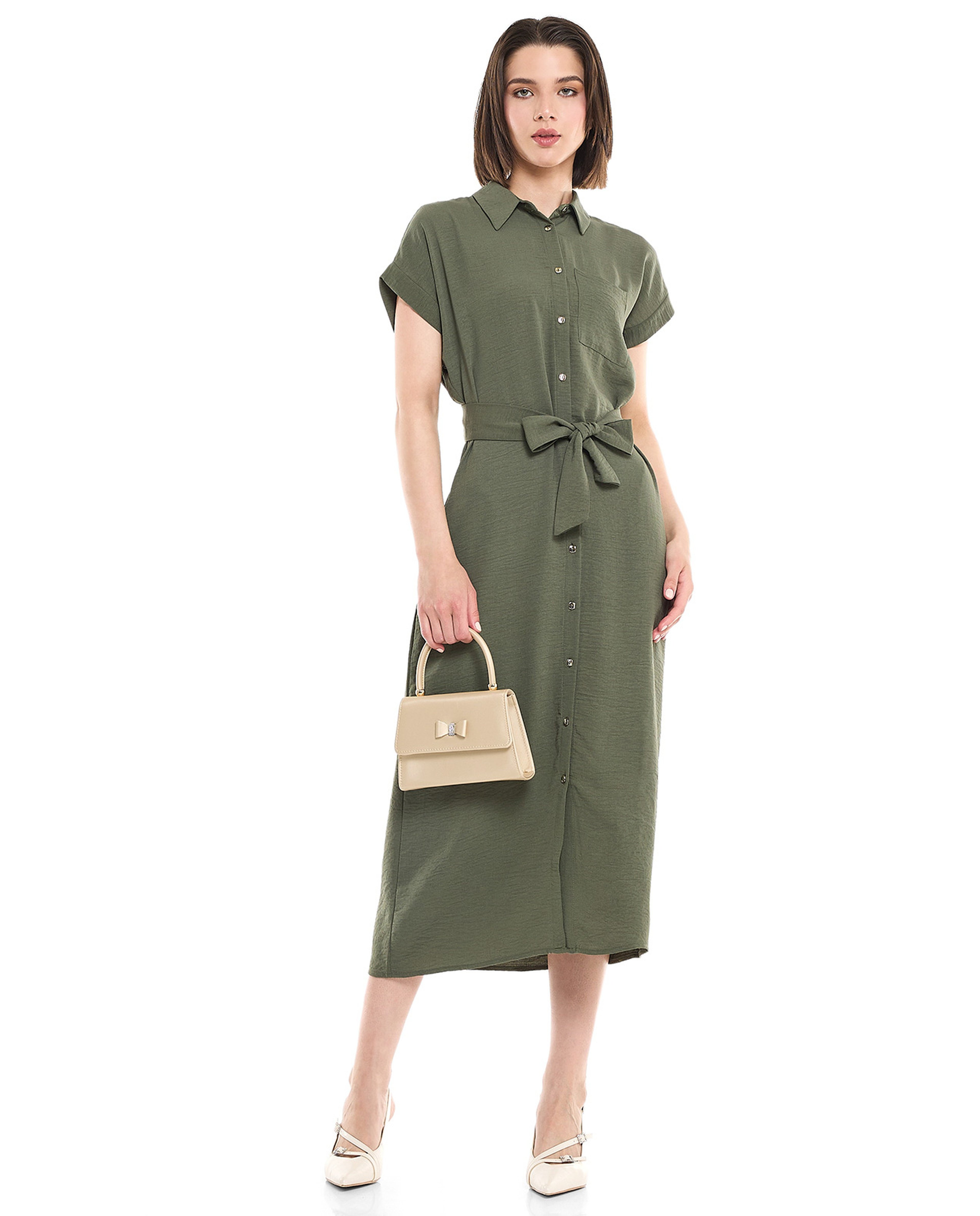 Belted Shirt Dress with Classic Collar and Short Sleeves