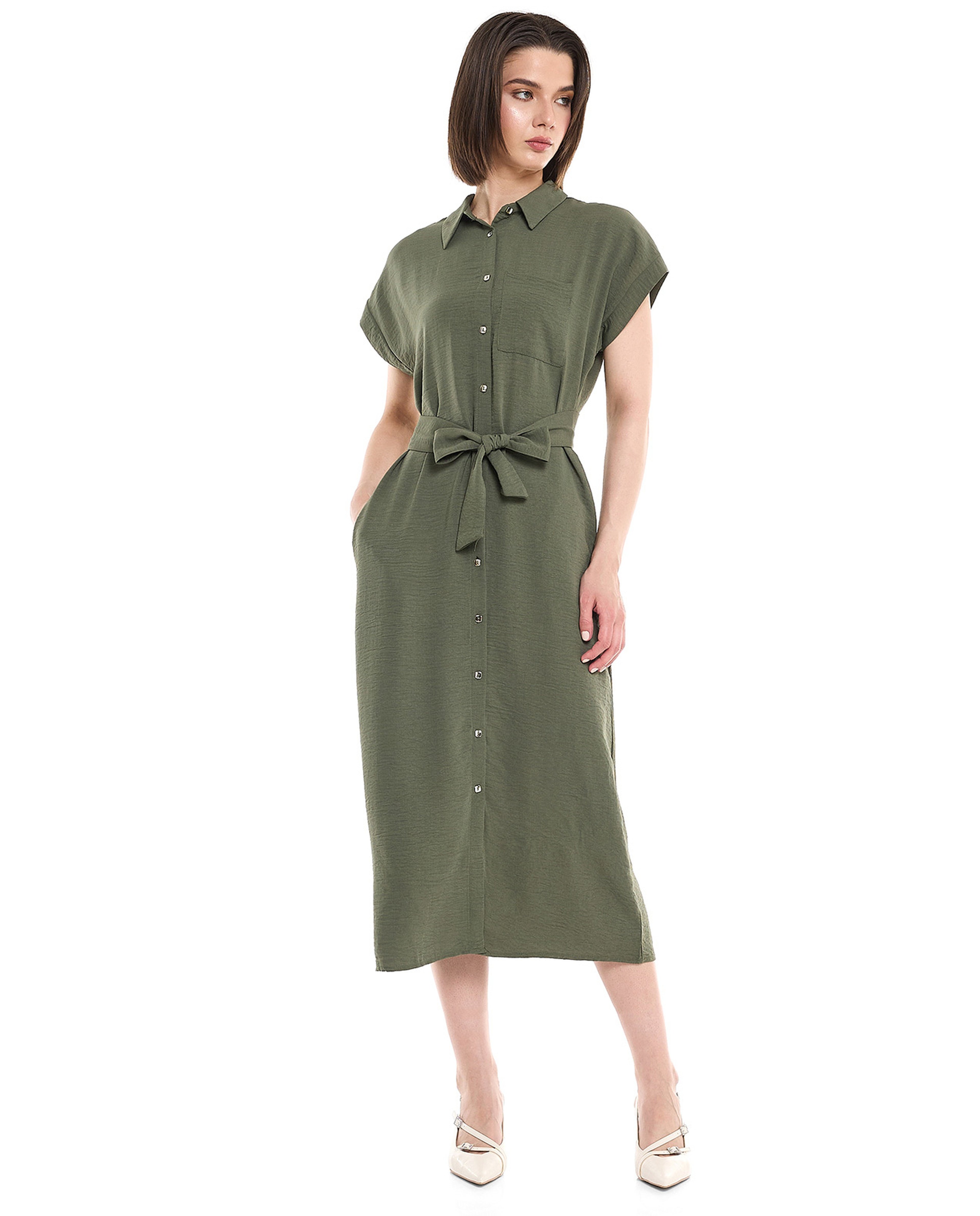 Belted Shirt Dress with Classic Collar and Short Sleeves