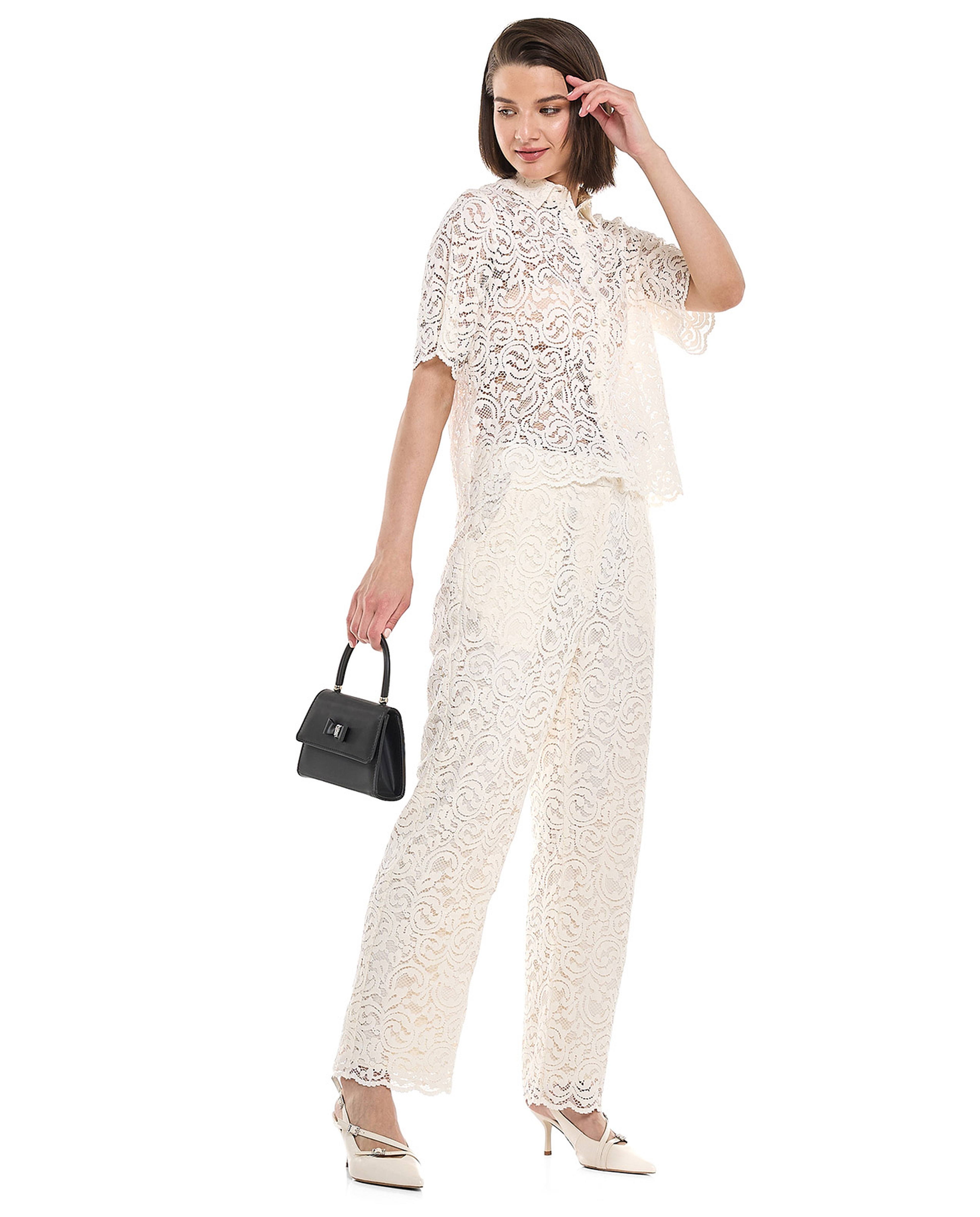 Lace Straight Fit Pants with Elastic Waist