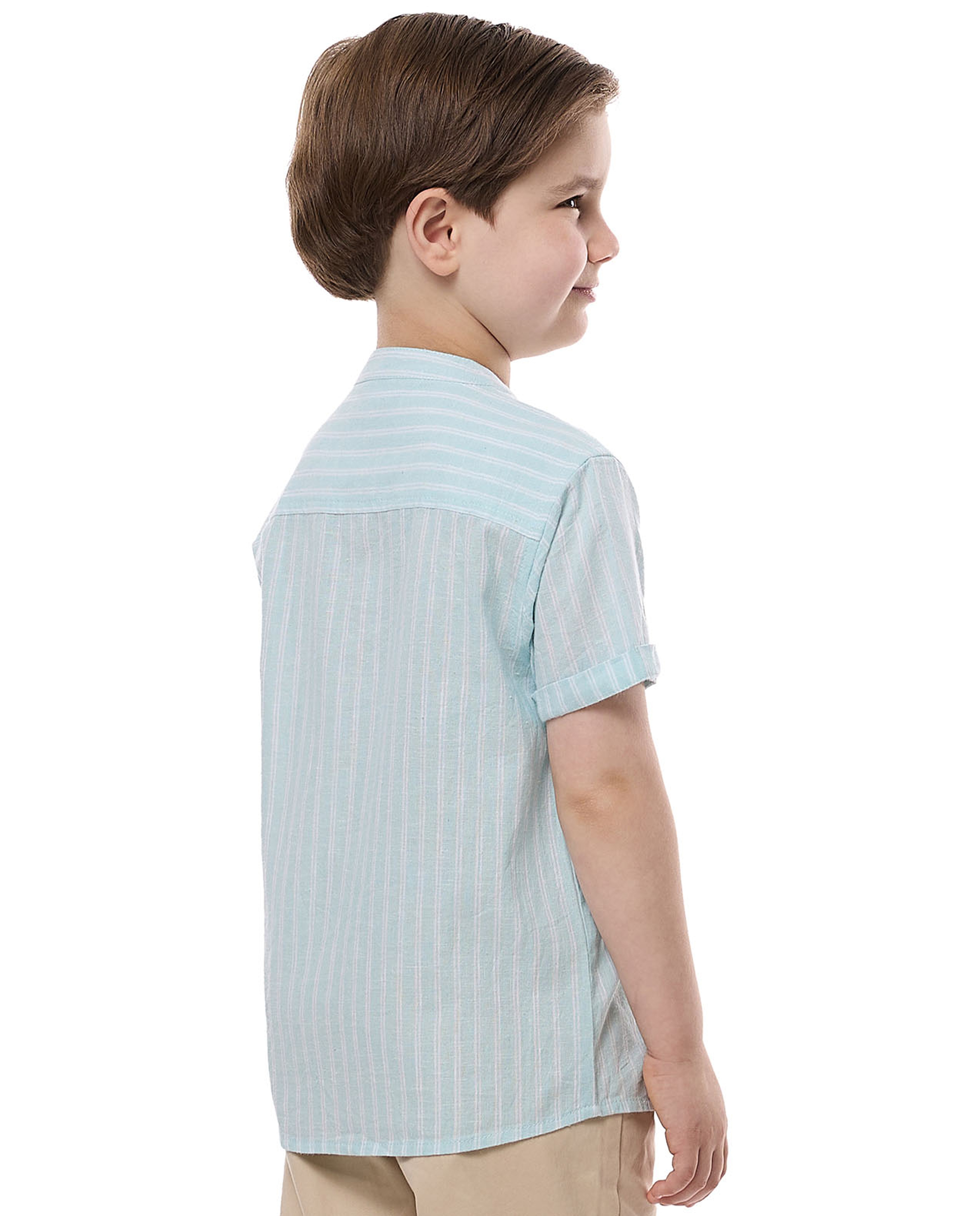 Striped Shirt with Mandarin Collar and Short Sleeves