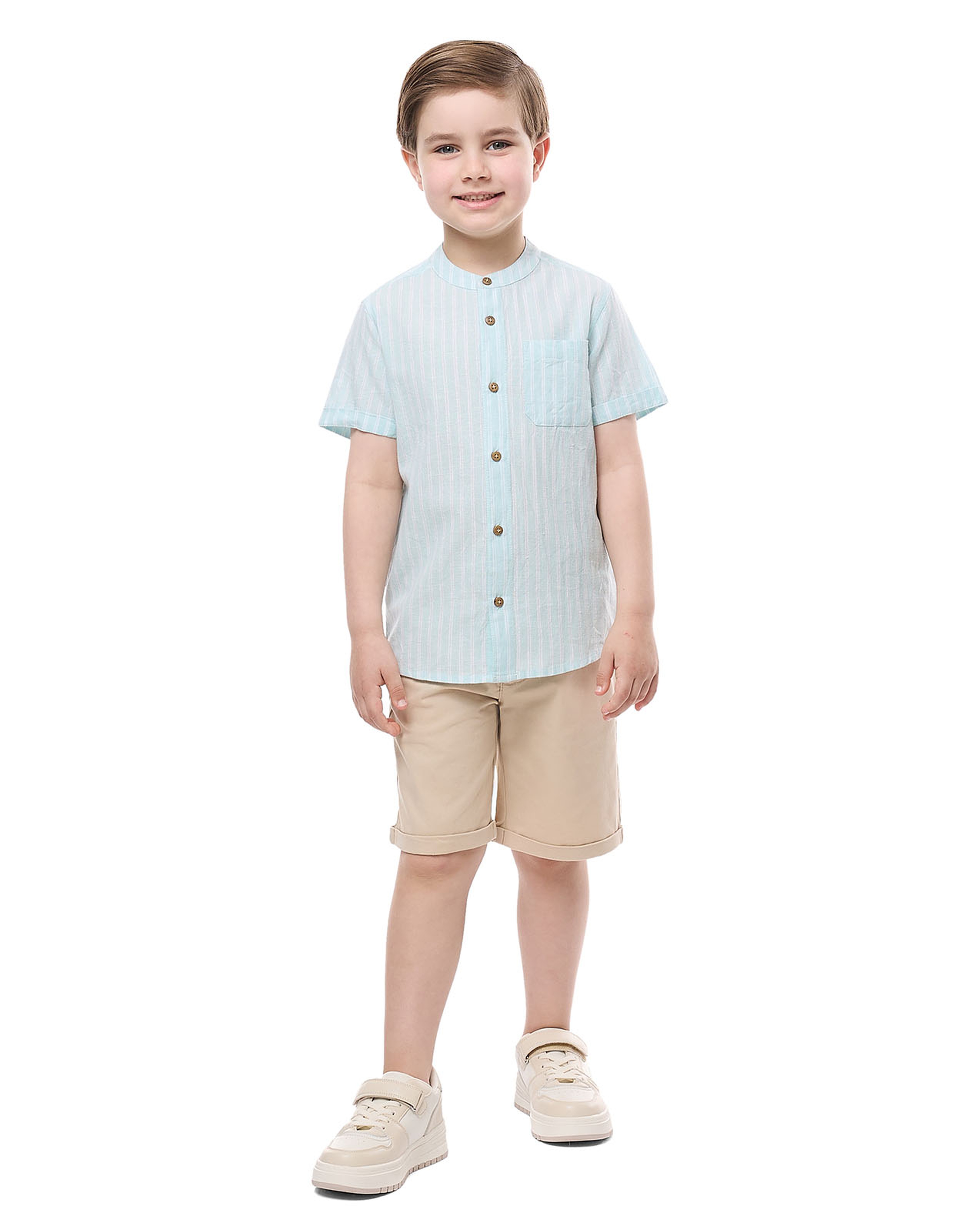 Striped Shirt with Mandarin Collar and Short Sleeves