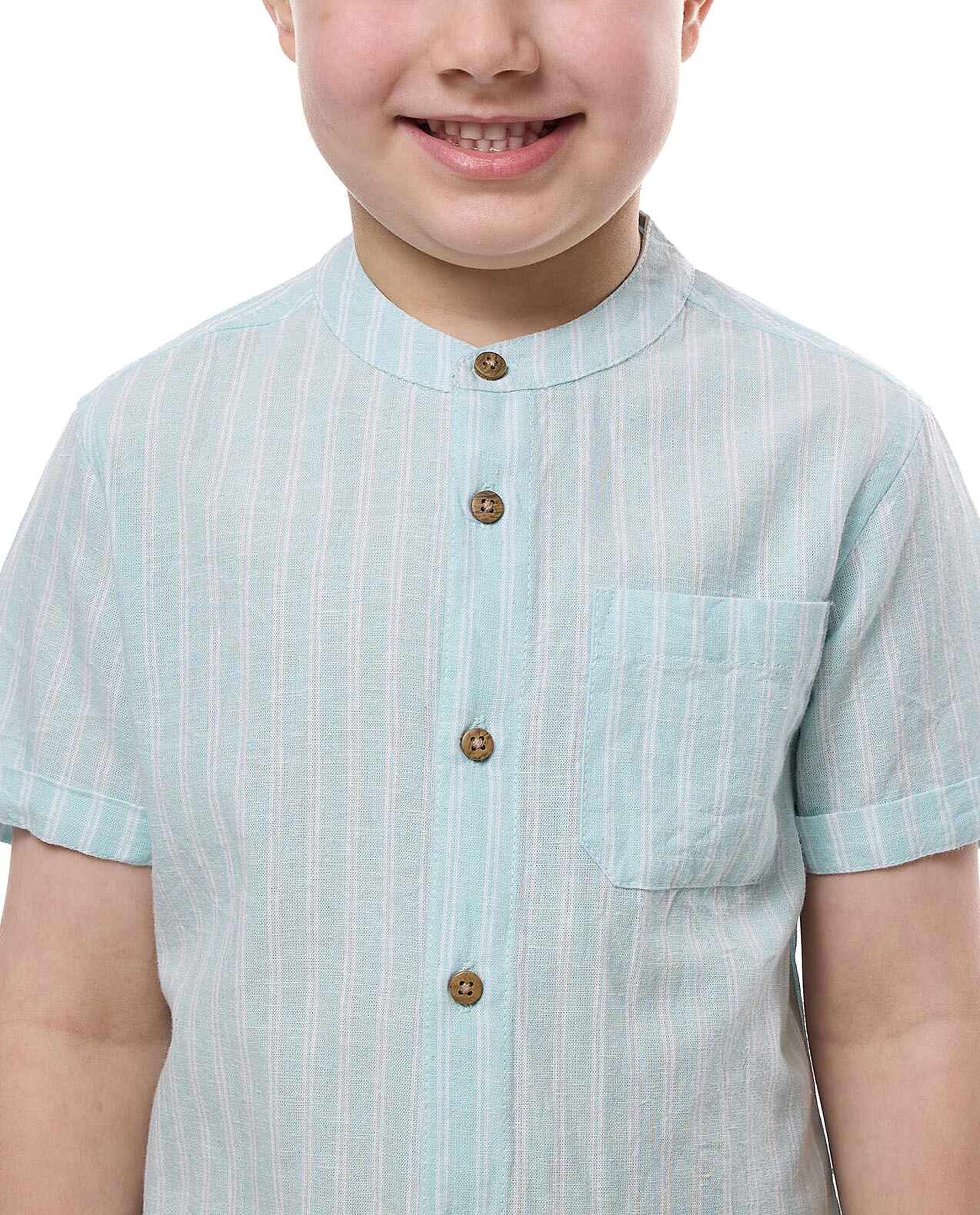 Striped Shirt with Mandarin Collar and Short Sleeves