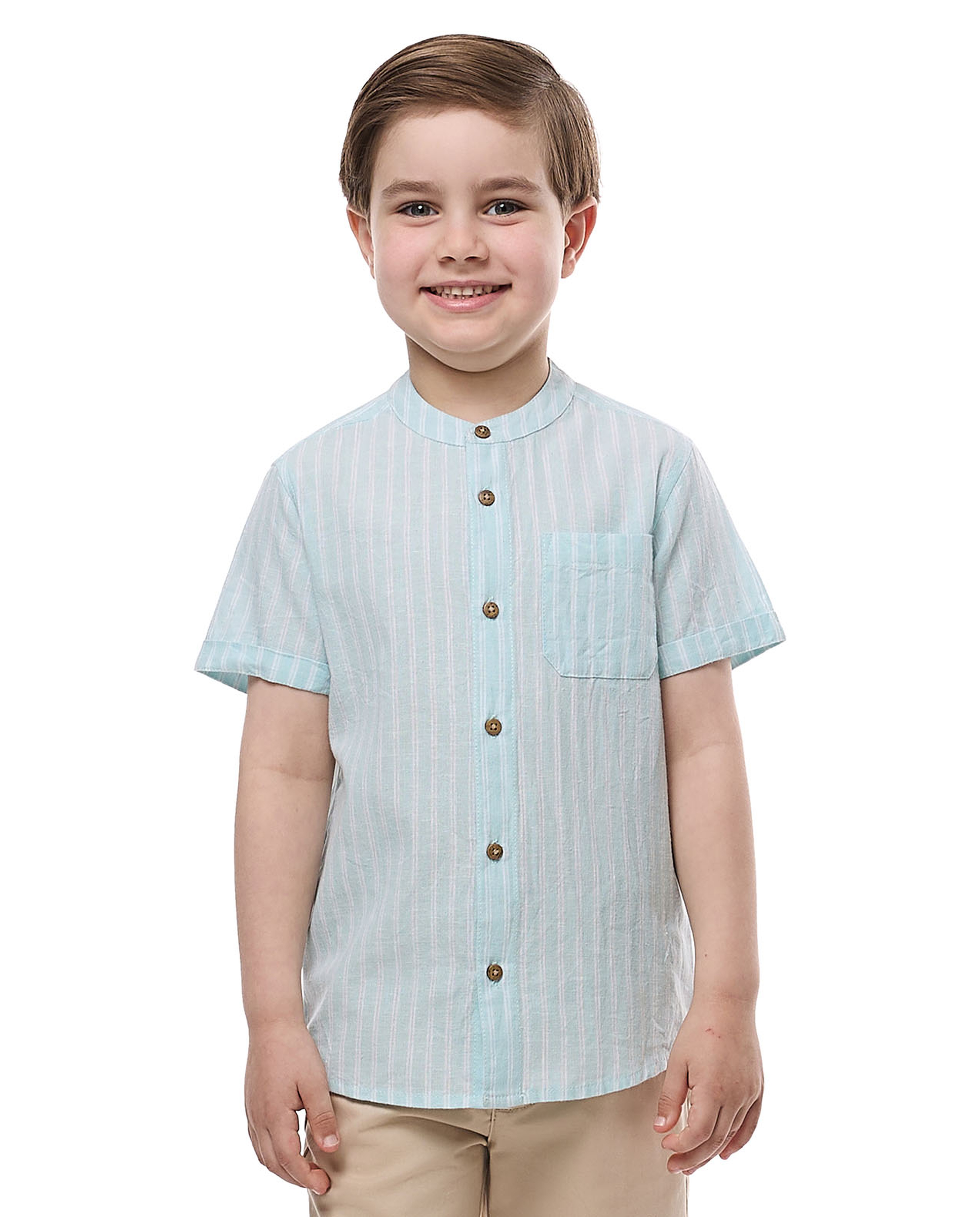 Striped Shirt with Mandarin Collar and Short Sleeves
